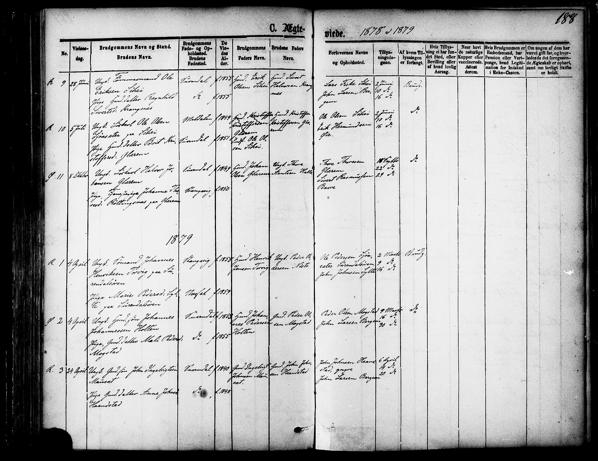 Ministerialprotokoller, klokkerbøker og fødselsregistre - Møre og Romsdal, SAT/A-1454/595/L1046: Ministerialbok nr. 595A08, 1874-1884, s. 188