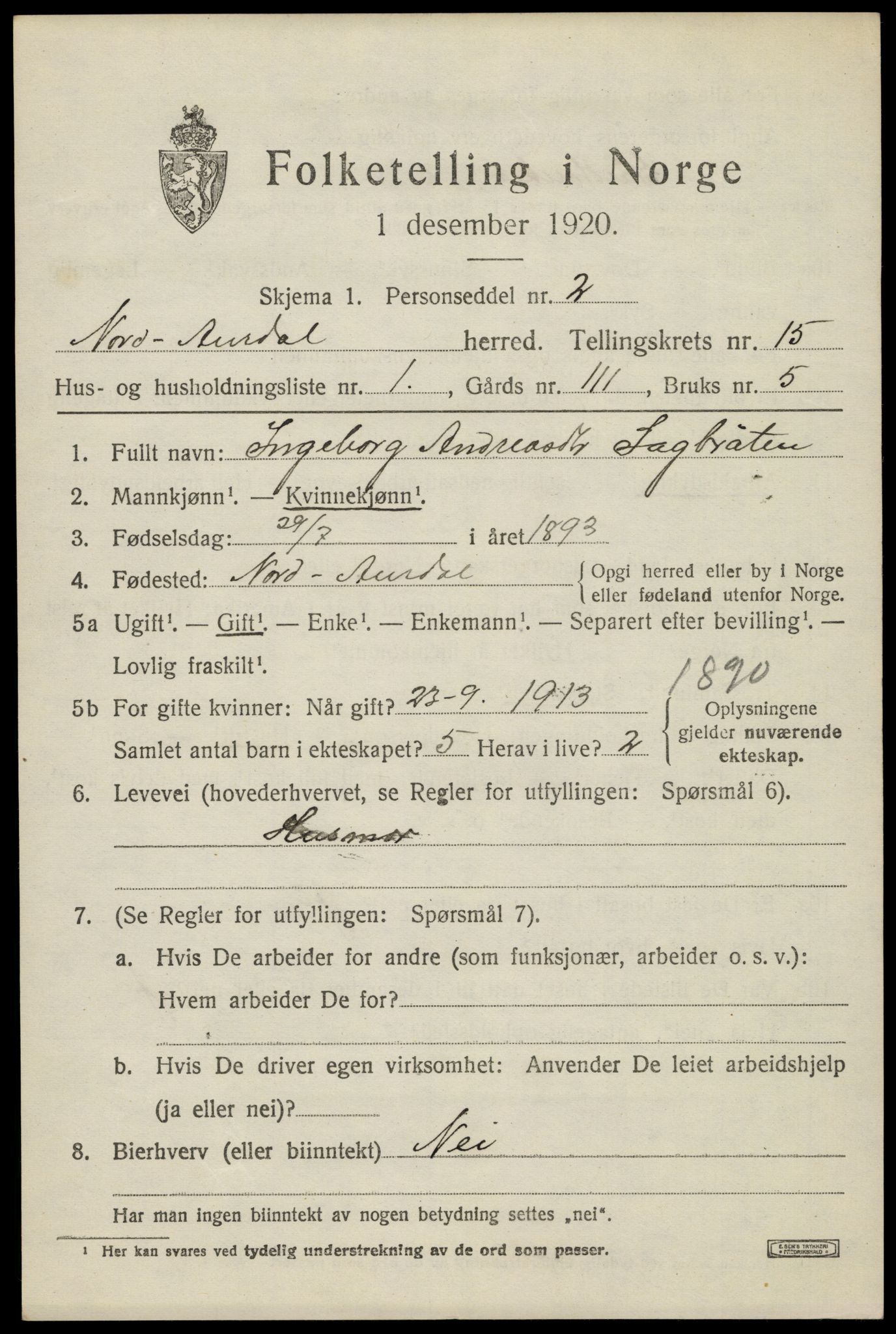 SAH, Folketelling 1920 for 0542 Nord-Aurdal herred, 1920, s. 11156