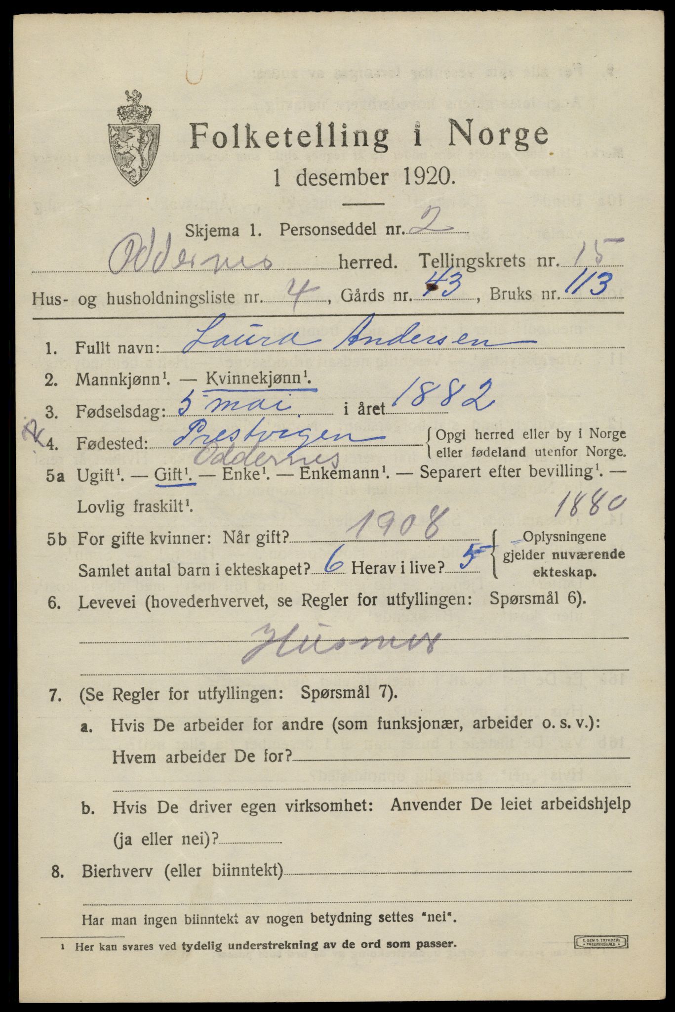 SAK, Folketelling 1920 for 1012 Oddernes herred, 1920, s. 9917
