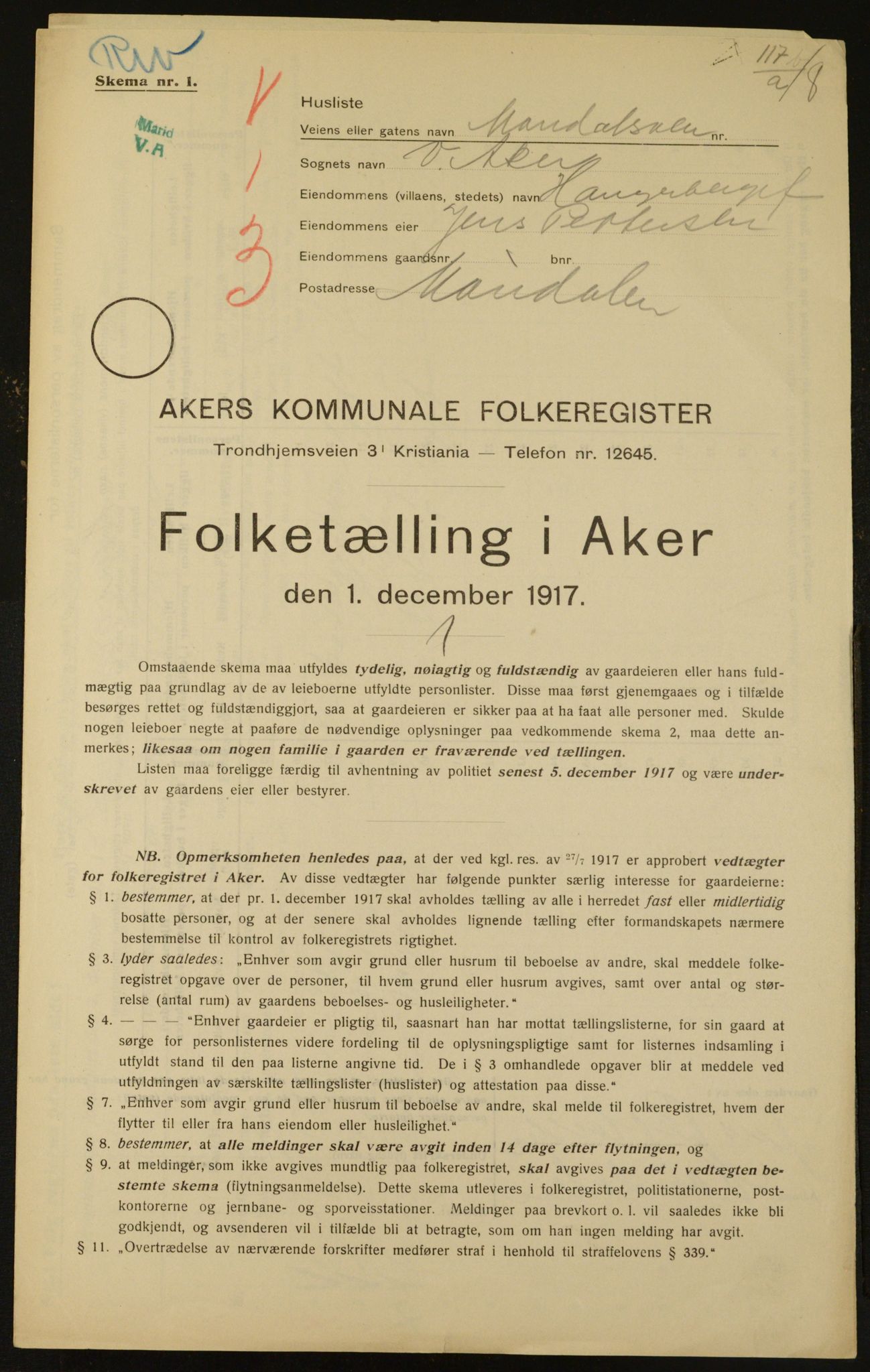 OBA, Kommunal folketelling 1.12.1917 for Aker, 1917, s. 11675