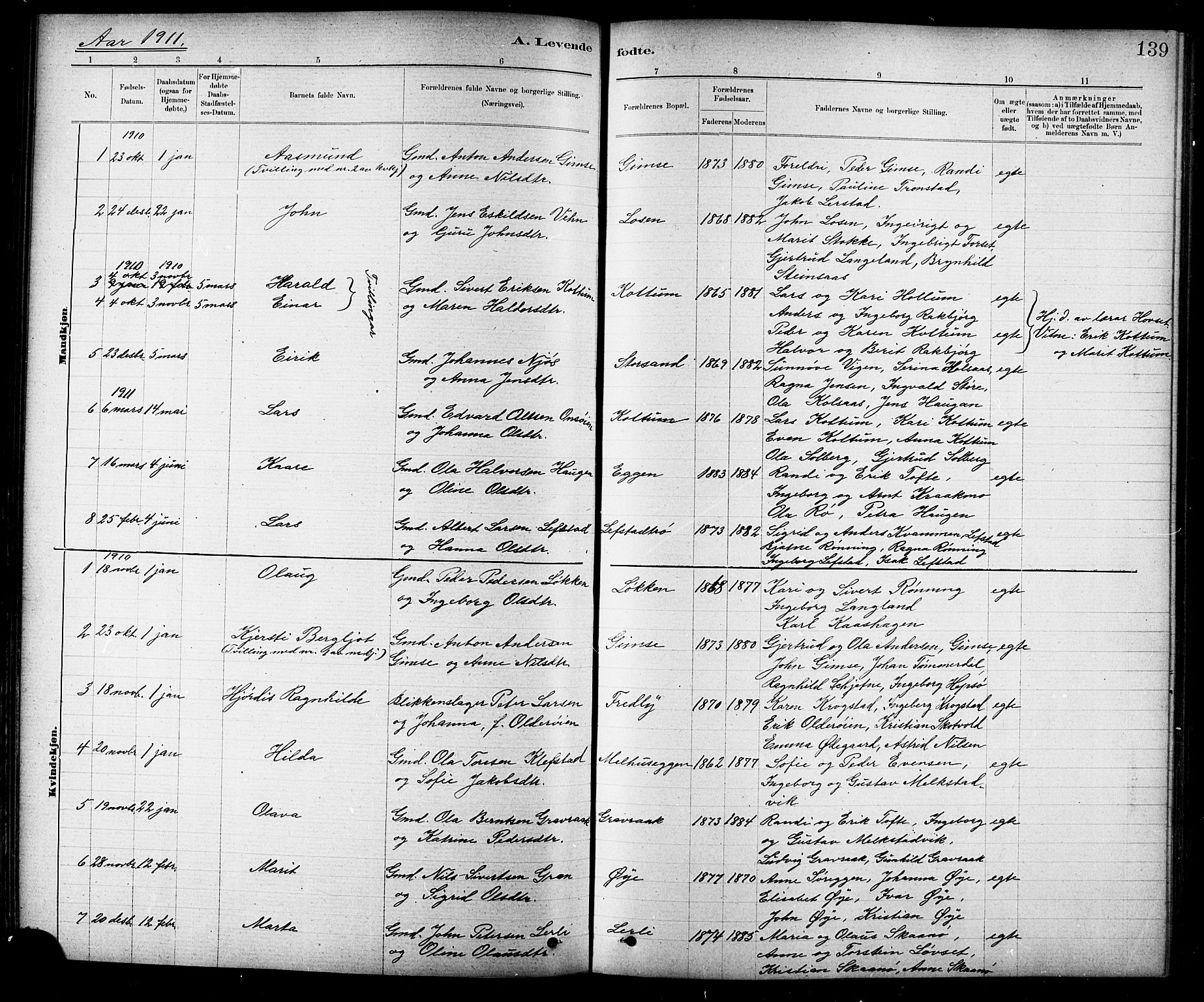 Ministerialprotokoller, klokkerbøker og fødselsregistre - Sør-Trøndelag, SAT/A-1456/691/L1094: Klokkerbok nr. 691C05, 1879-1911, s. 139