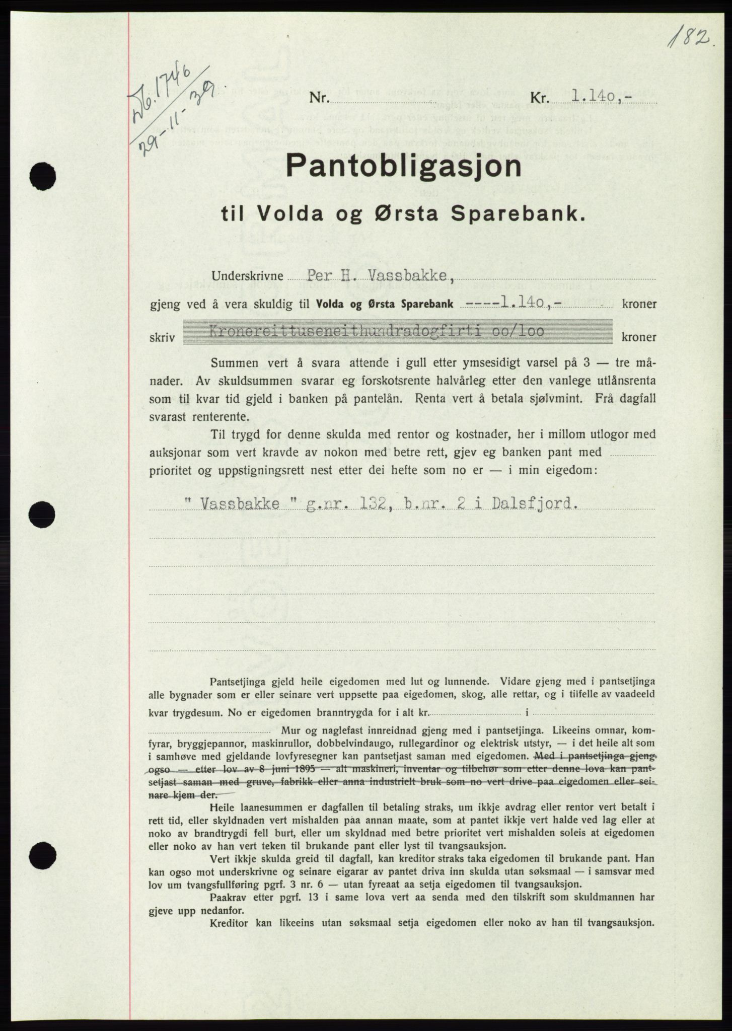 Søre Sunnmøre sorenskriveri, SAT/A-4122/1/2/2C/L0069: Pantebok nr. 63, 1939-1940, Dagboknr: 1746/1939