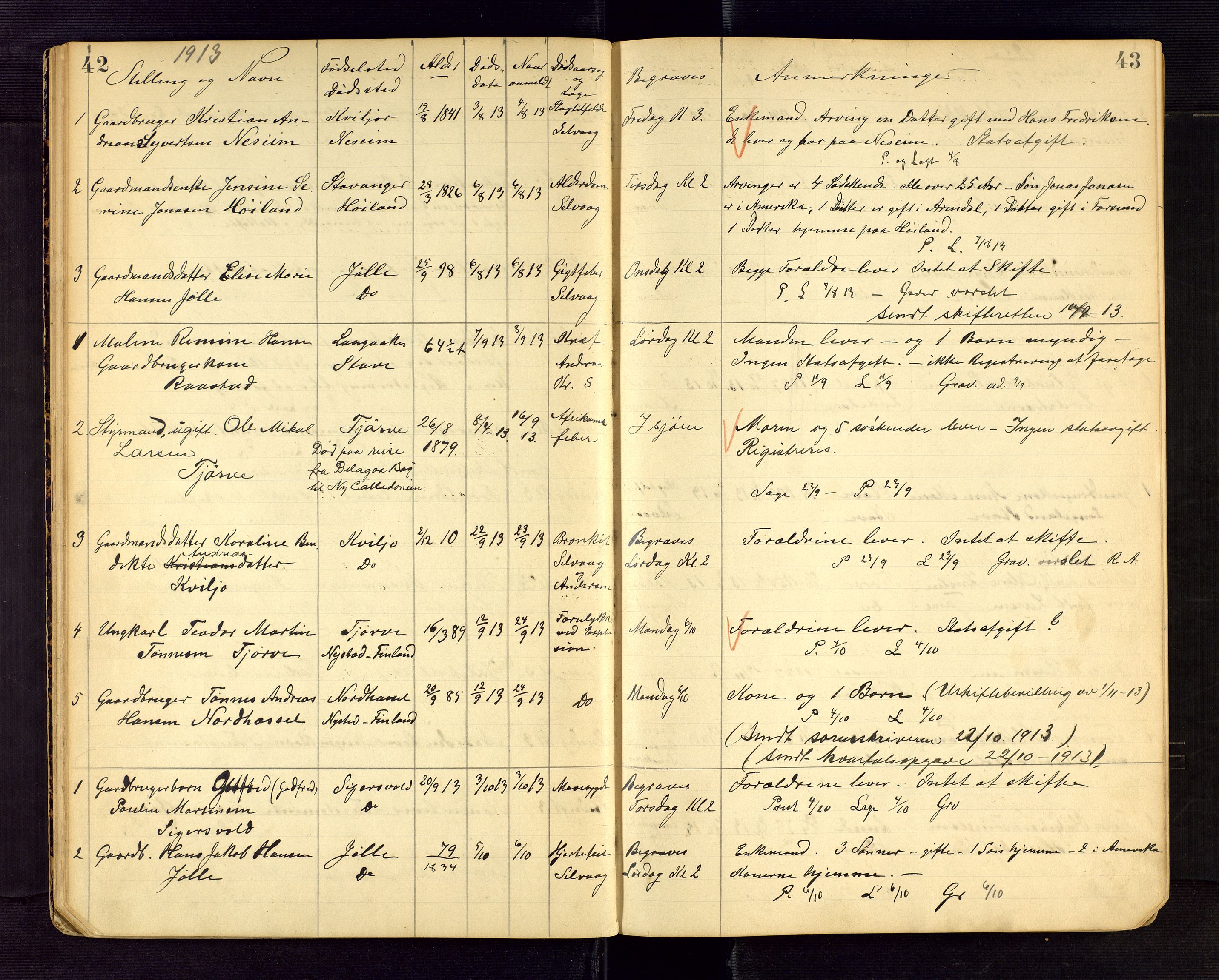 Lista lensmannskontor, AV/SAK-1241-0030/F/Fe/L0001/0002: Dødsfallsprotokoller nr 12 / Dødsfallsprotokoll, 1911-1922, s. 42-43