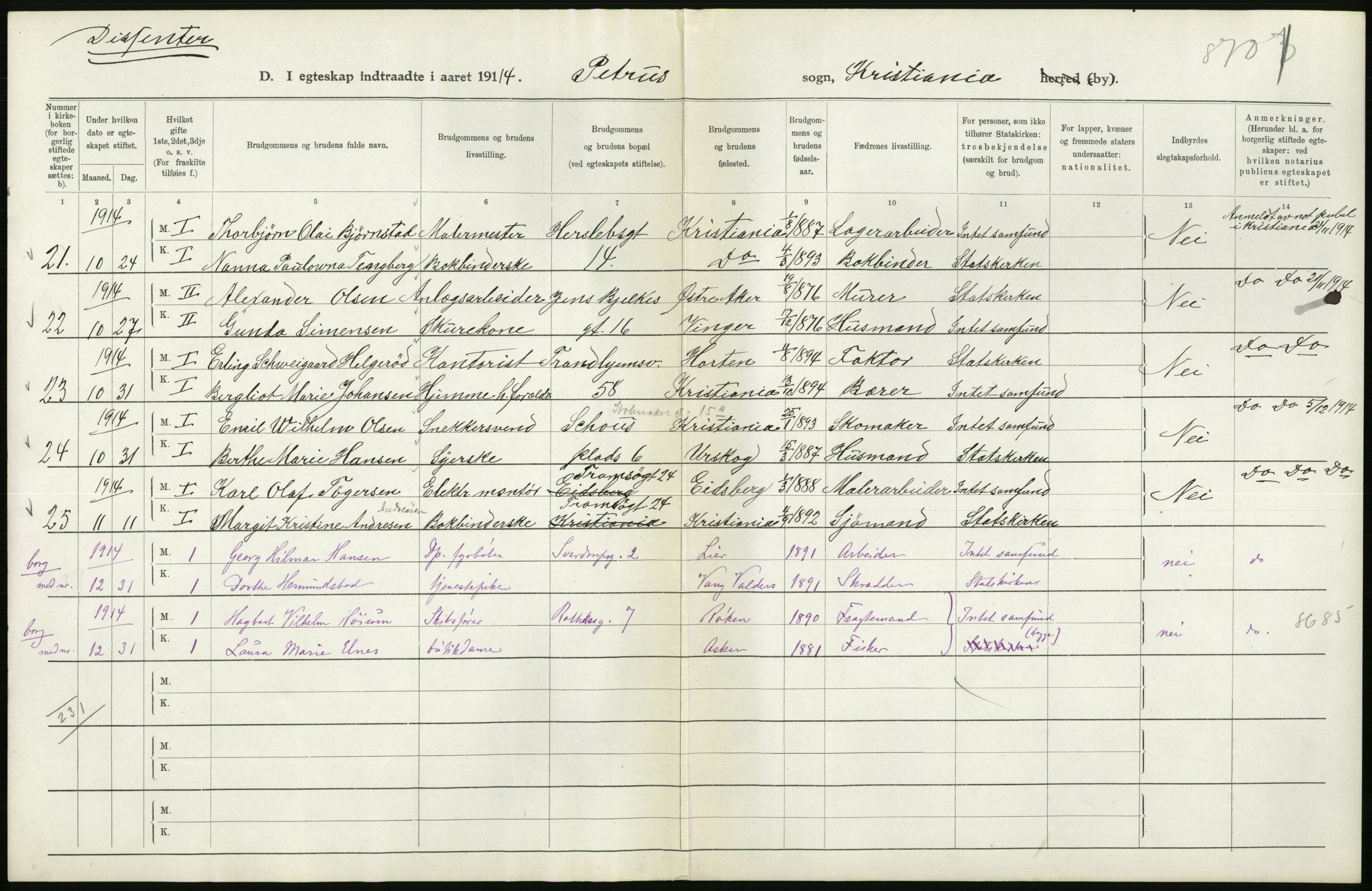 Statistisk sentralbyrå, Sosiodemografiske emner, Befolkning, AV/RA-S-2228/D/Df/Dfb/Dfbd/L0007: Kristiania: Gifte, 1914, s. 422