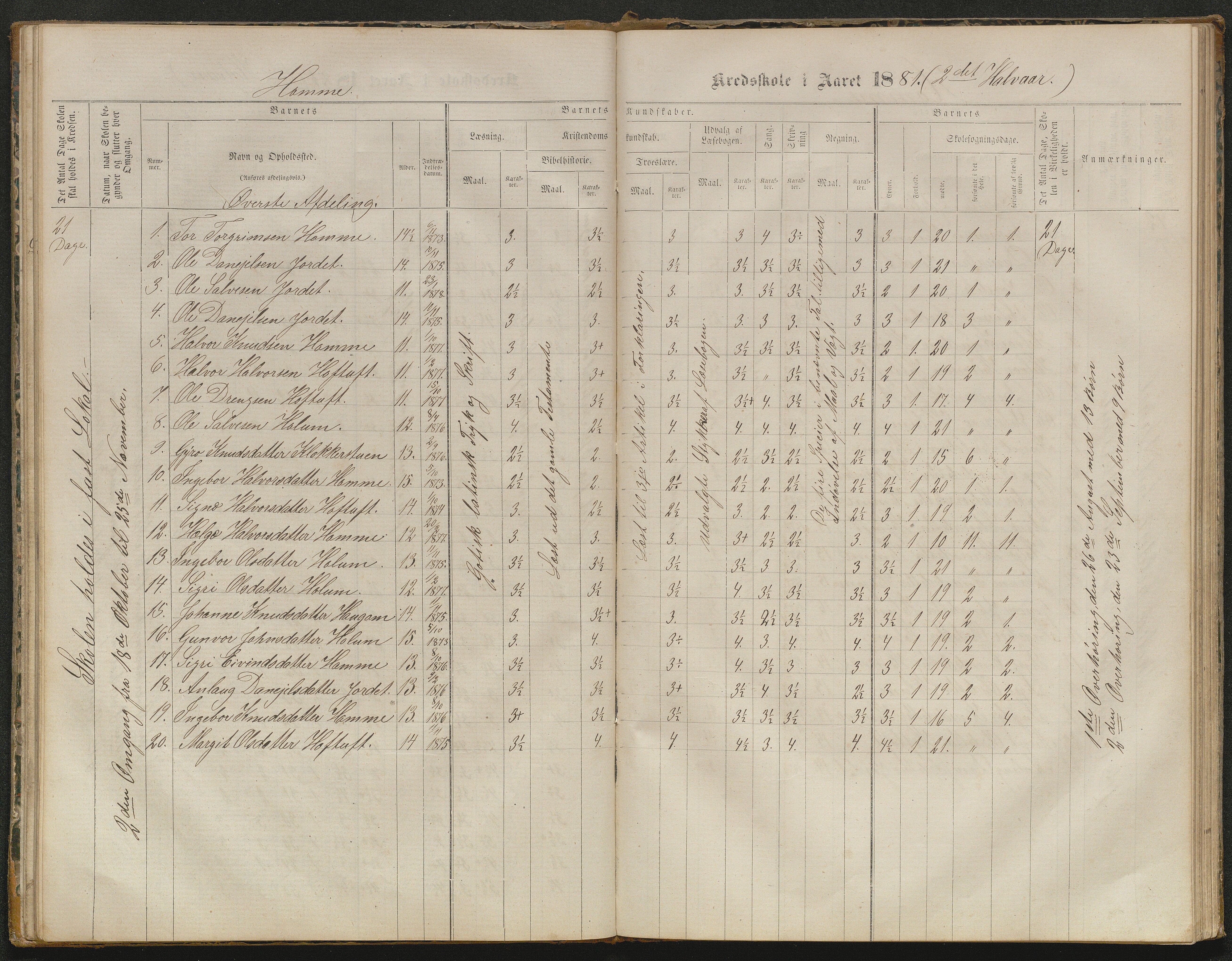 Valle kommune, AAKS/KA0940-PK/03/L0052: Karakterprotokoll for Homme skule. Karakterprotokoll for Oveinang skule. Karakterprotokoll for Tveitebø skule. Karakterprotokoll for den frivillige undervisning i Homme, 1863-1882