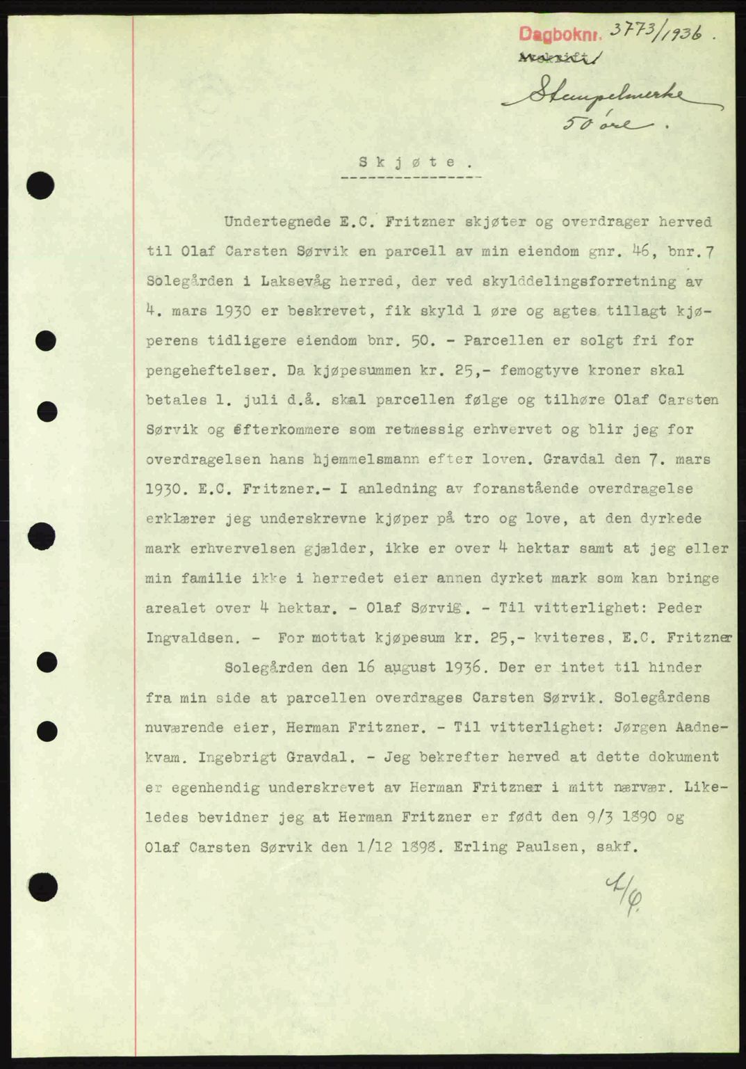 Midhordland sorenskriveri, SAB/A-3001/1/G/Gb/Gbk/L0001: Pantebok nr. A1-6, 1936-1937, Dagboknr: 3773/1936