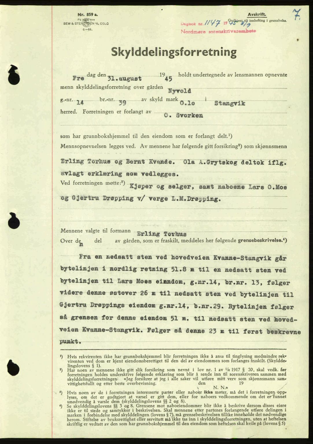 Nordmøre sorenskriveri, AV/SAT-A-4132/1/2/2Ca: Pantebok nr. A100a, 1945-1945, Dagboknr: 1147/1945