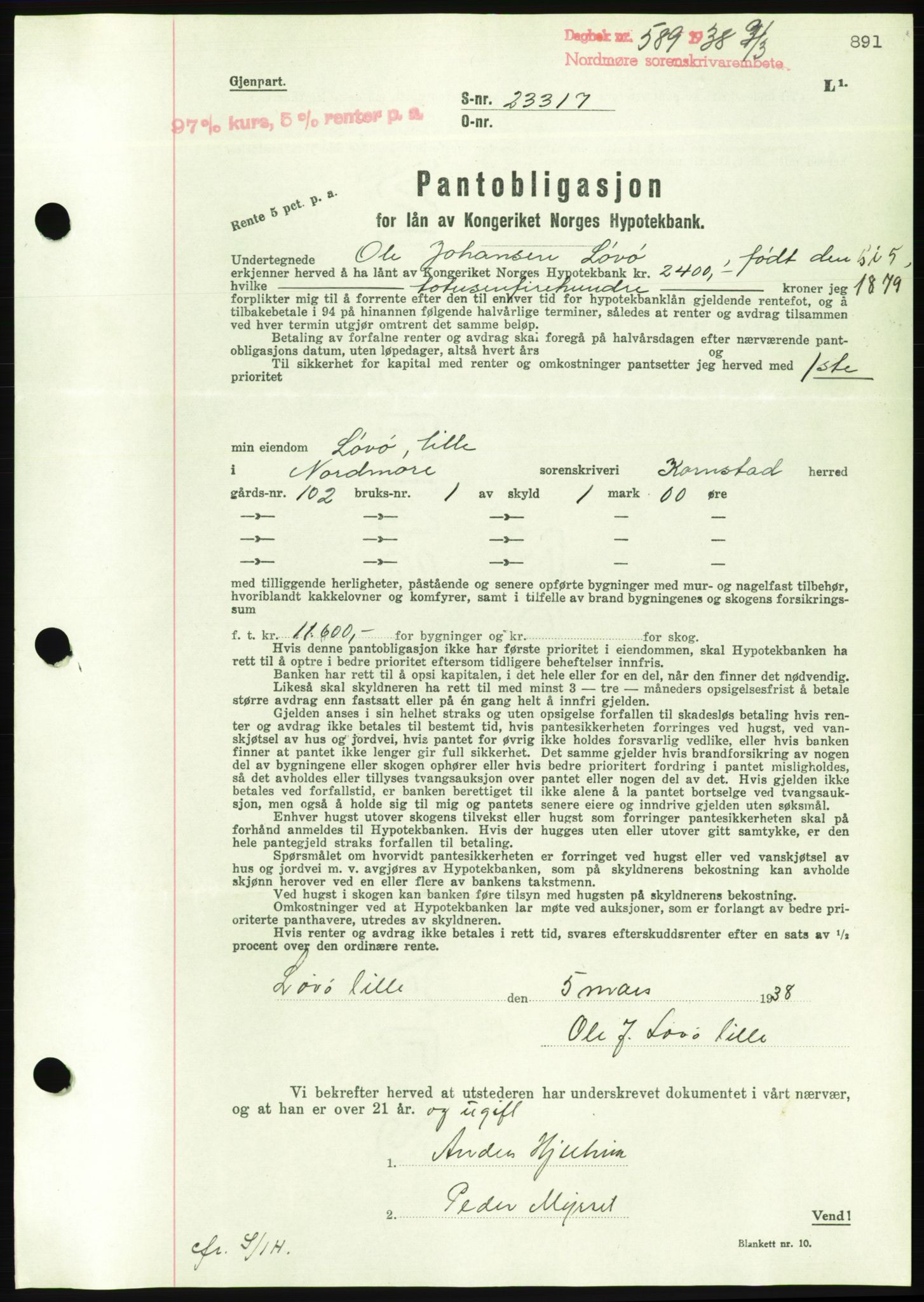 Nordmøre sorenskriveri, AV/SAT-A-4132/1/2/2Ca/L0092: Pantebok nr. B82, 1937-1938, Dagboknr: 589/1938