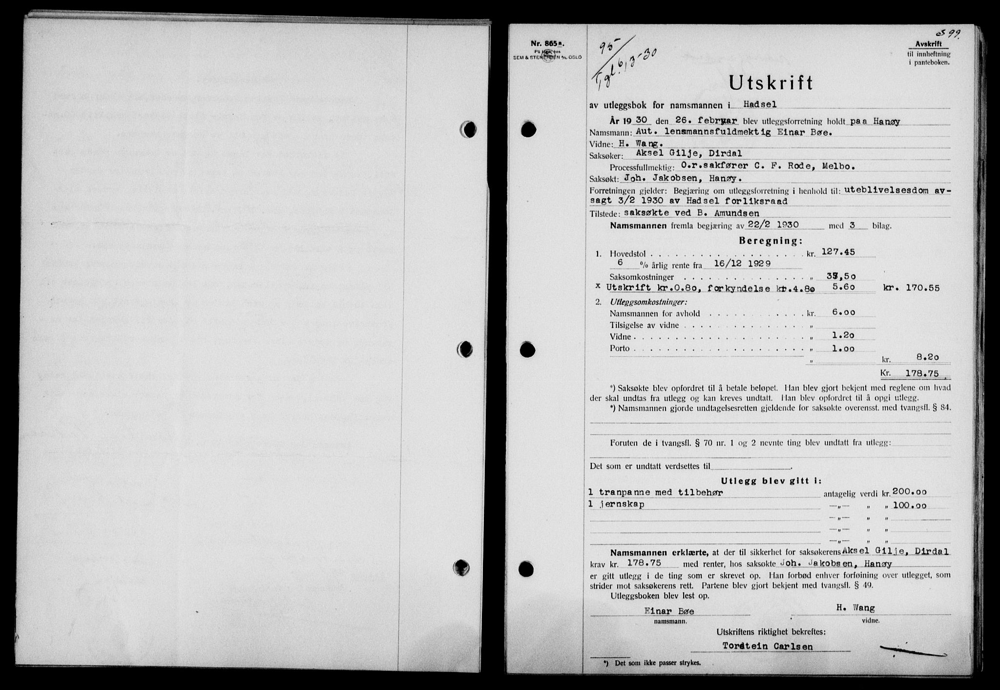 Vesterålen sorenskriveri, SAT/A-4180/1/2/2Ca/L0050: Pantebok nr. 43, 1929-1930, Tingl.dato: 06.03.1930