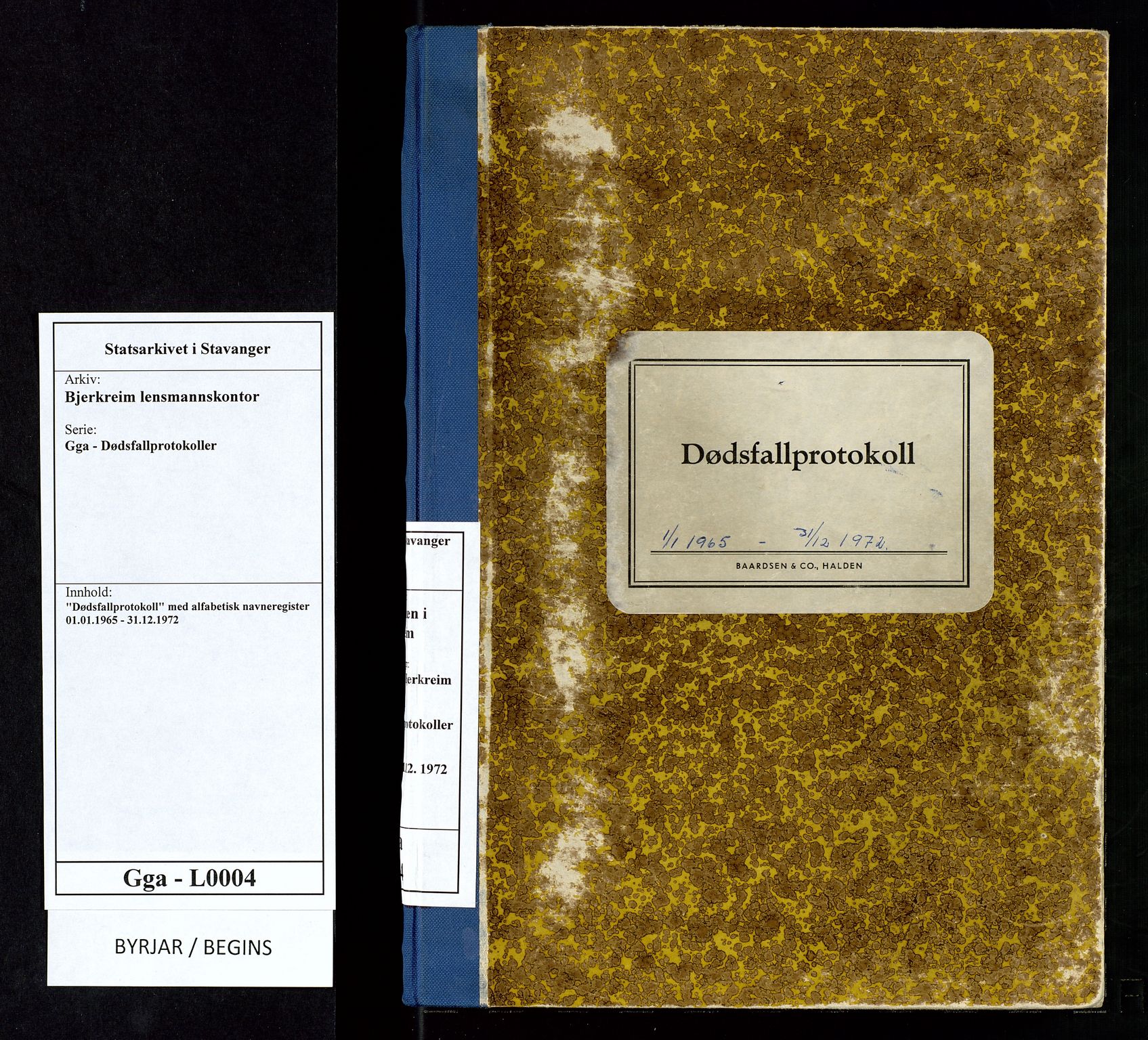 Bjerkreim lensmannskontor, AV/SAST-A-100090/Gga/L0004: "Dødsfallprotokoll" med alfabetisk navneregister, 1965-1972