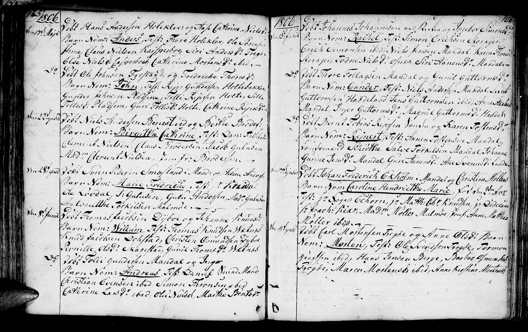 Mandal sokneprestkontor, SAK/1111-0030/F/Fa/Faa/L0008: Ministerialbok nr. A 8, 1794-1817, s. 165-166