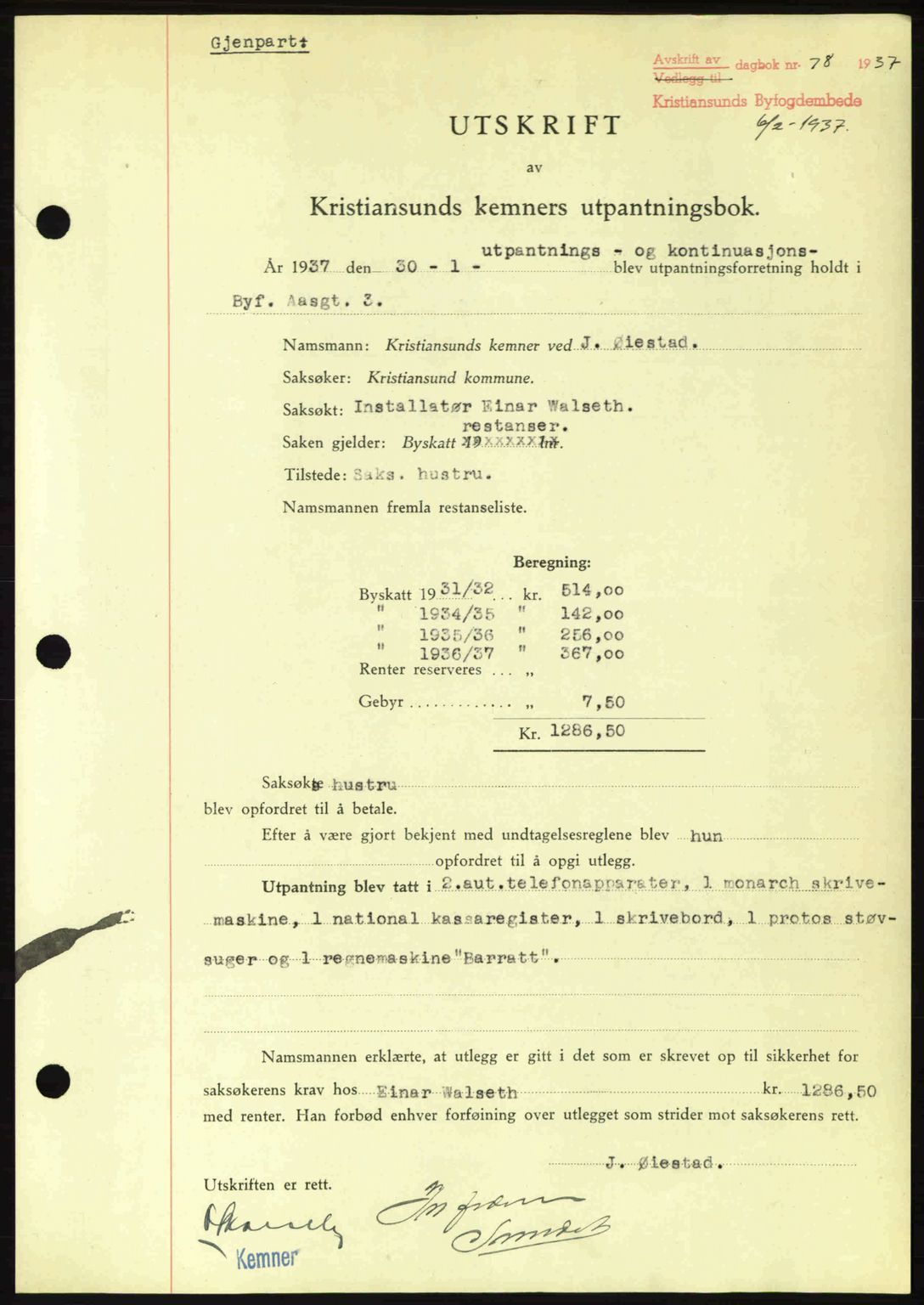 Kristiansund byfogd, SAT/A-4587/A/27: Pantebok nr. 29, 1936-1937, Dagboknr: 78/1937