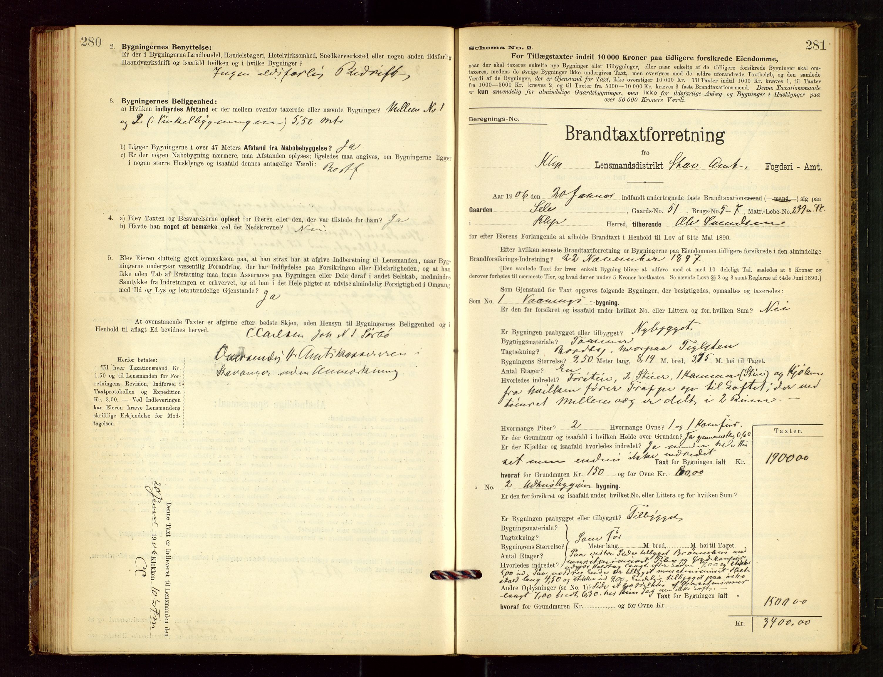 Klepp lensmannskontor, AV/SAST-A-100163/Goc/L0003: "Brandtaxationsprotokol" m/register, 1902-1907, s. 280-281