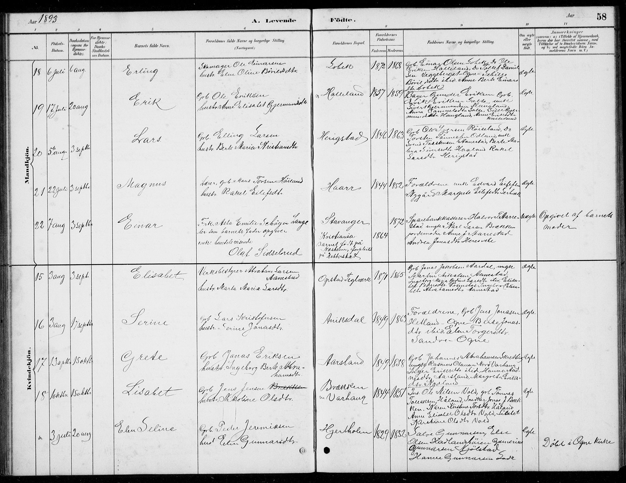 Hå sokneprestkontor, AV/SAST-A-101801/001/30BB/L0004: Klokkerbok nr. B 4, 1883-1899, s. 58