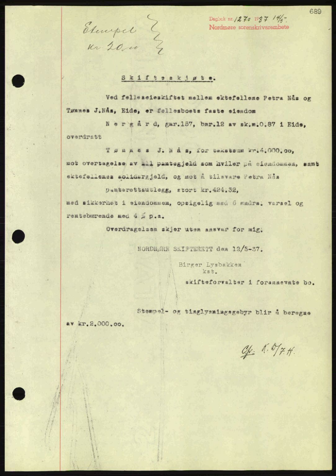 Nordmøre sorenskriveri, SAT/A-4132/1/2/2Ca: Pantebok nr. A81, 1937-1937, Dagboknr: 1270/1937