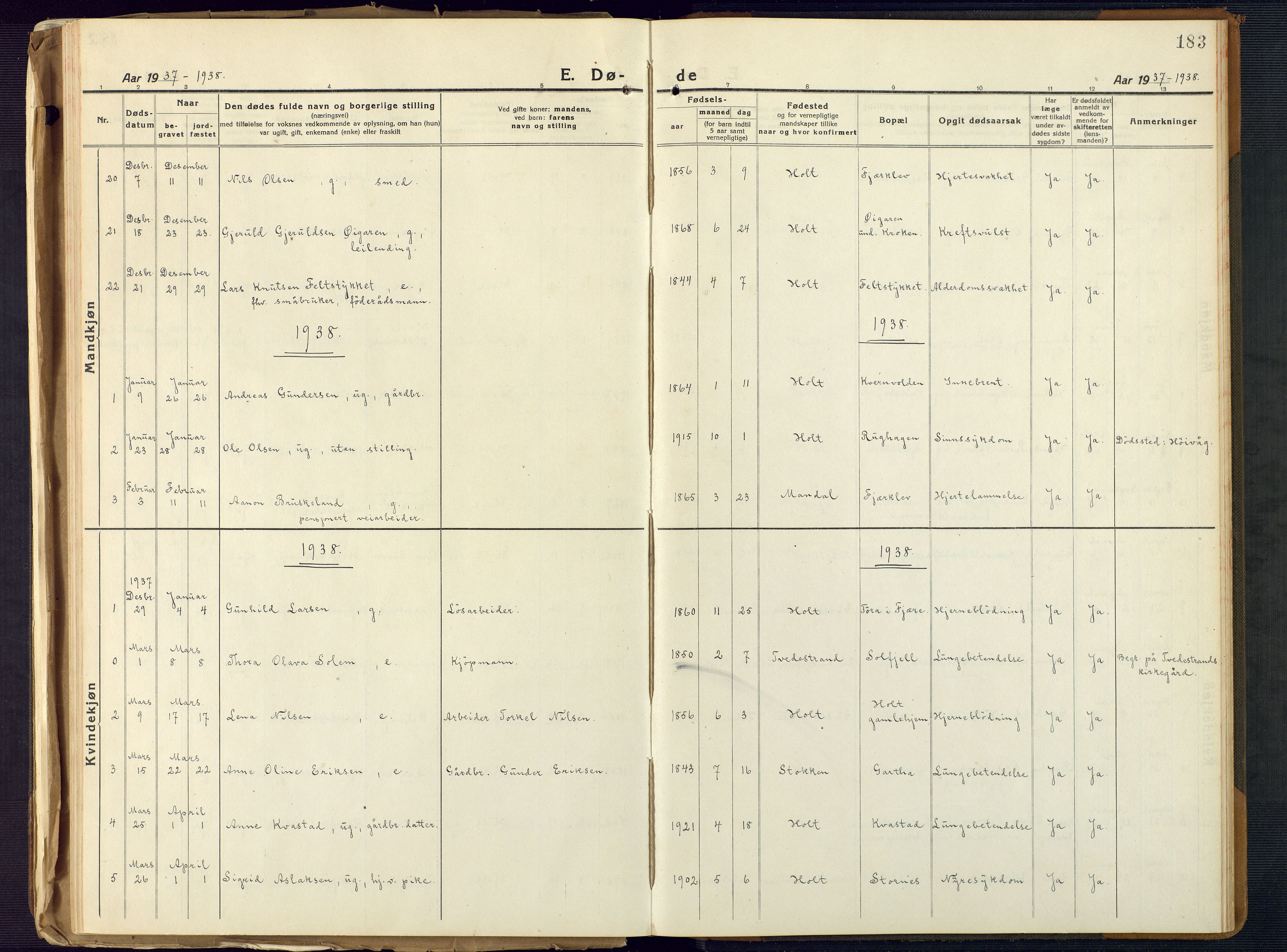 Holt sokneprestkontor, AV/SAK-1111-0021/F/Fb/L0012: Klokkerbok nr. B 12, 1919-1944, s. 183