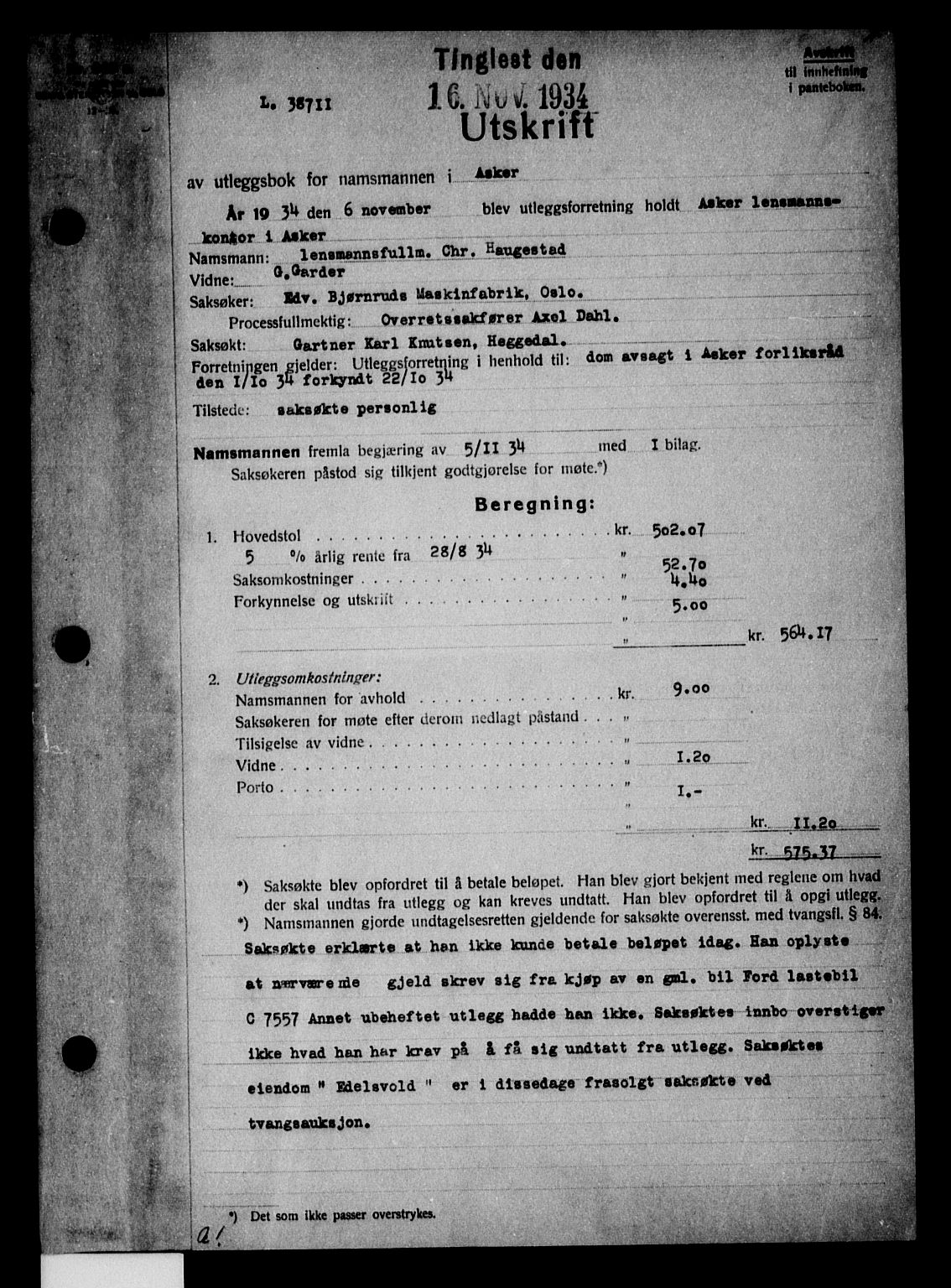 Aker herredsskriveri, AV/SAO-A-10896/G/Gb/Gbb/Gbba/L0046: Pantebok nr. II 46, 1934-1935, s. 1