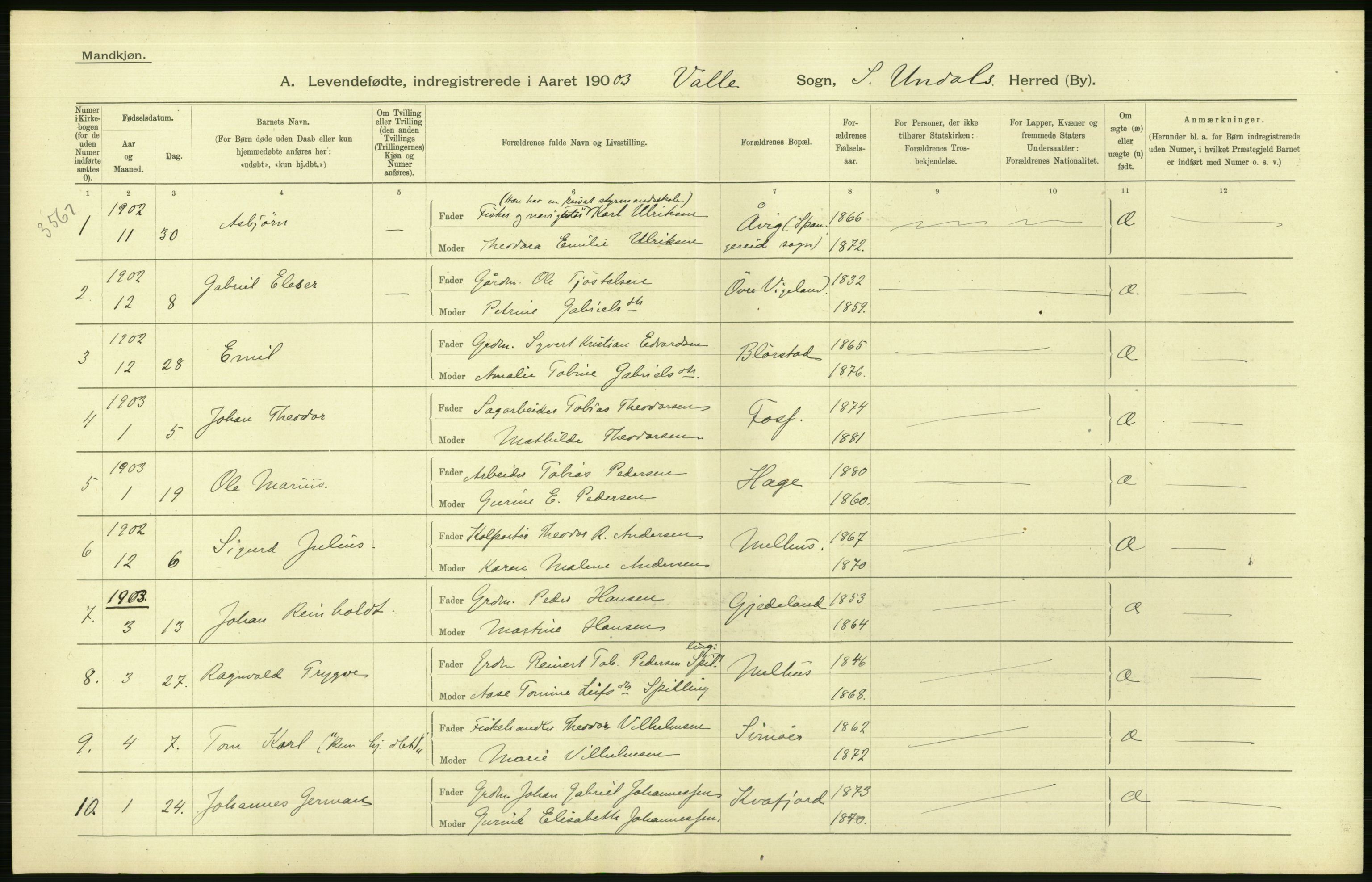 Statistisk sentralbyrå, Sosiodemografiske emner, Befolkning, AV/RA-S-2228/D/Df/Dfa/Dfaa/L0011: Lister og Mandal amt: Fødte, gifte, døde, 1903, s. 110