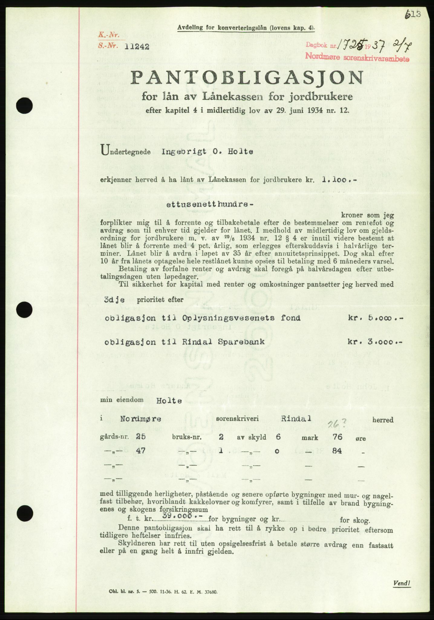 Nordmøre sorenskriveri, AV/SAT-A-4132/1/2/2Ca/L0091: Pantebok nr. B81, 1937-1937, Dagboknr: 1725/1937