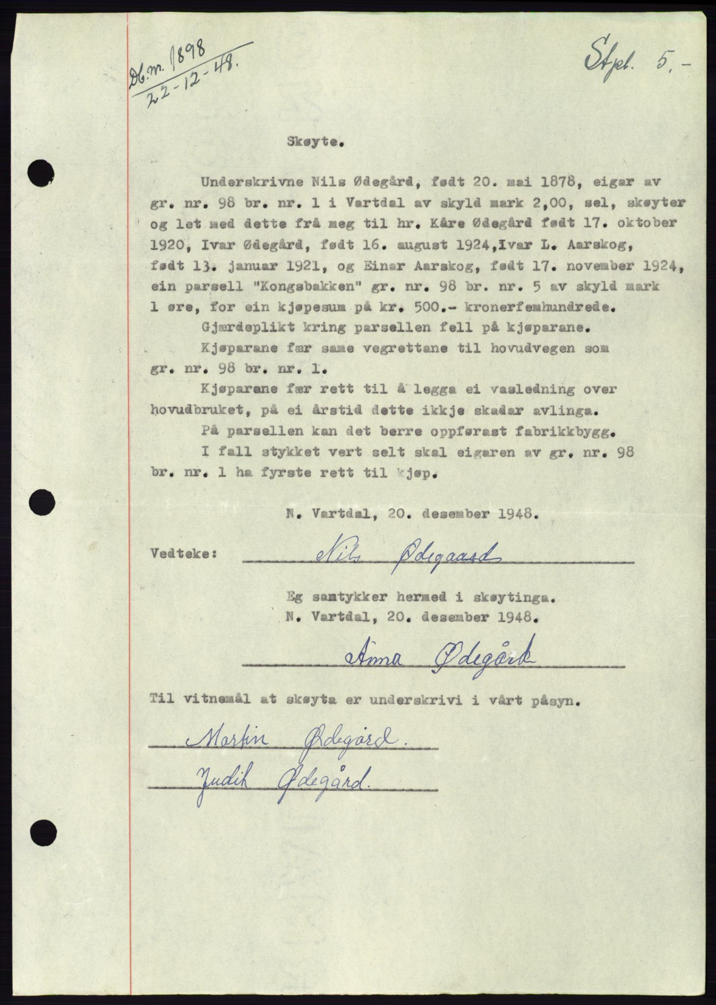 Søre Sunnmøre sorenskriveri, AV/SAT-A-4122/1/2/2C/L0083: Pantebok nr. 9A, 1948-1949, Dagboknr: 1898/1948