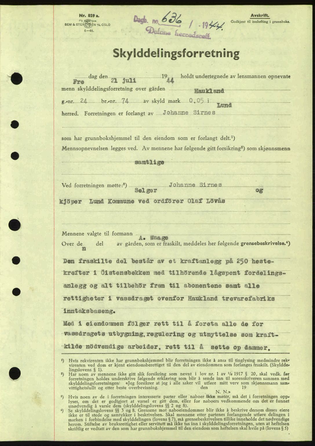 Dalane sorenskriveri, SAST/A-100309/02/G/Gb/L0047: Pantebok nr. A8 I, 1944-1945, Dagboknr: 636/1944