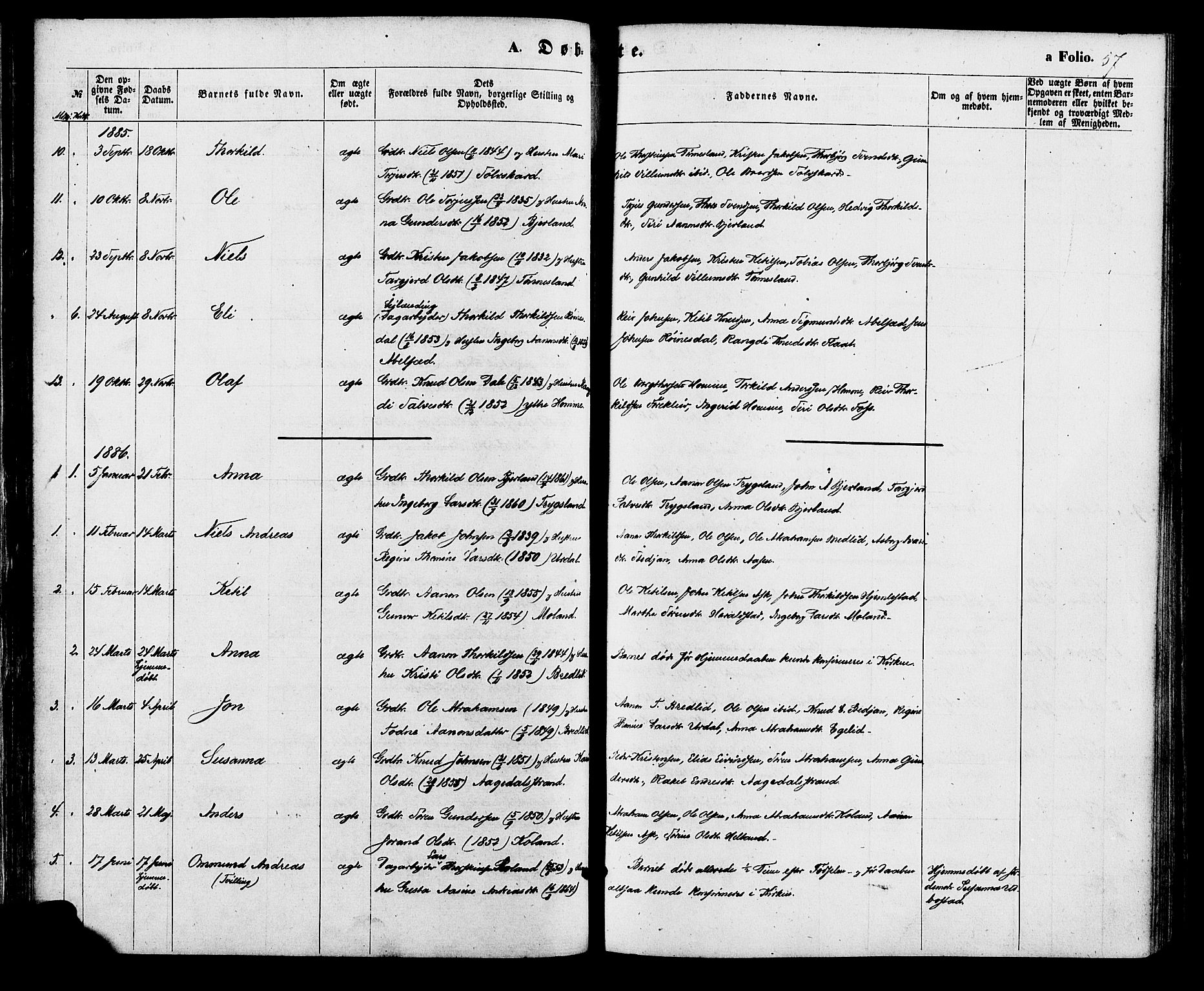 Bjelland sokneprestkontor, SAK/1111-0005/F/Fa/Faa/L0003: Ministerialbok nr. A 3, 1867-1887, s. 57