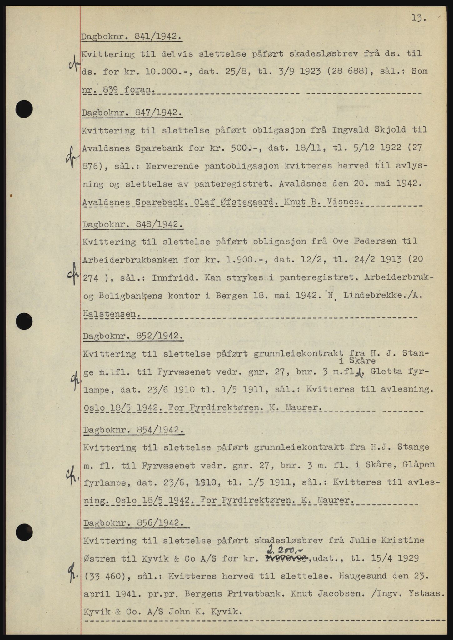 Karmsund sorenskriveri, SAST/A-100311/01/II/IIBBE/L0008: Pantebok nr. B 54, 1942-1943, Dagboknr: 841/1942
