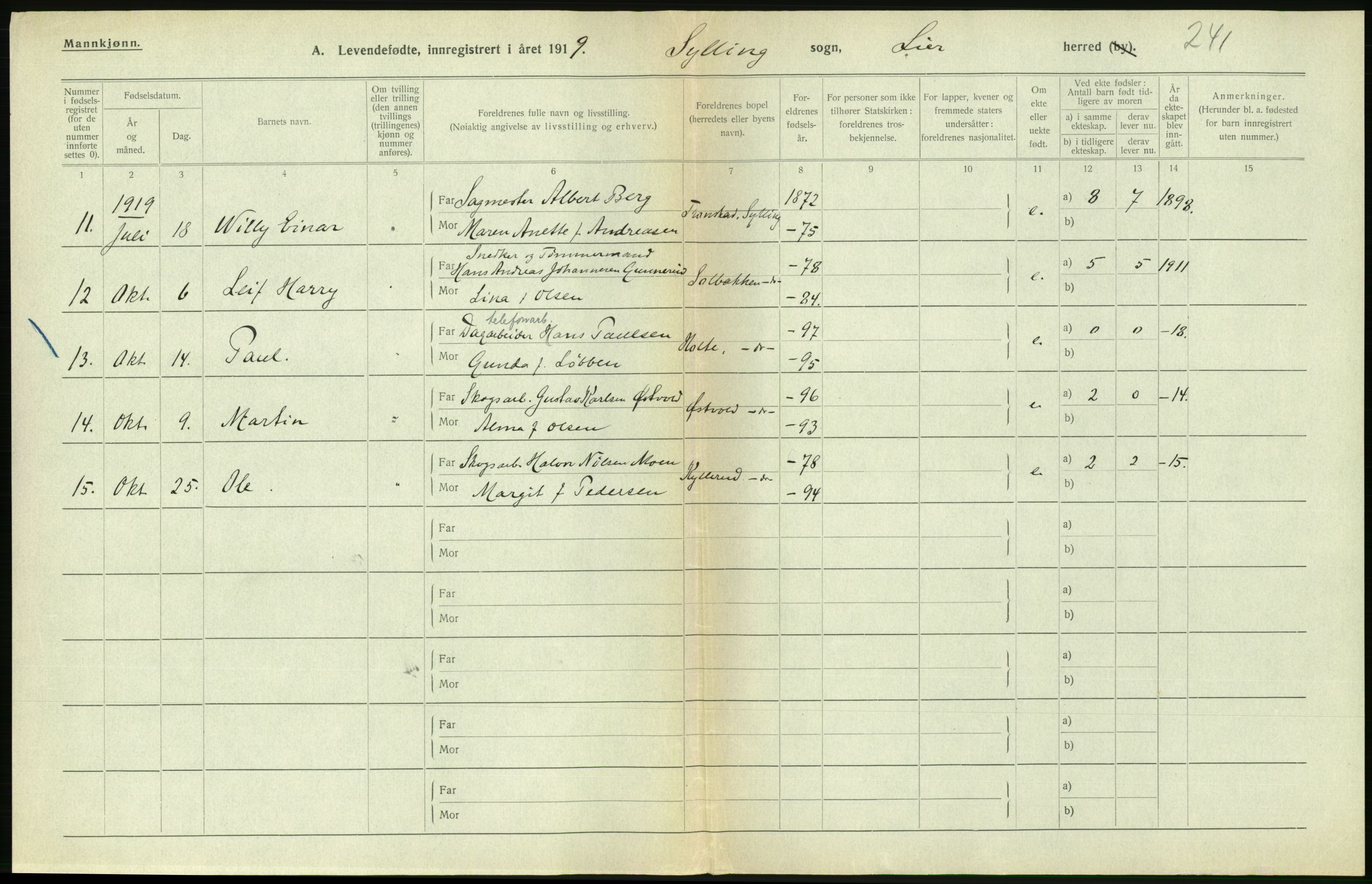 Statistisk sentralbyrå, Sosiodemografiske emner, Befolkning, RA/S-2228/D/Df/Dfb/Dfbi/L0016: Buskerud fylke: Levendefødte menn og kvinner. Bygder., 1919, s. 362