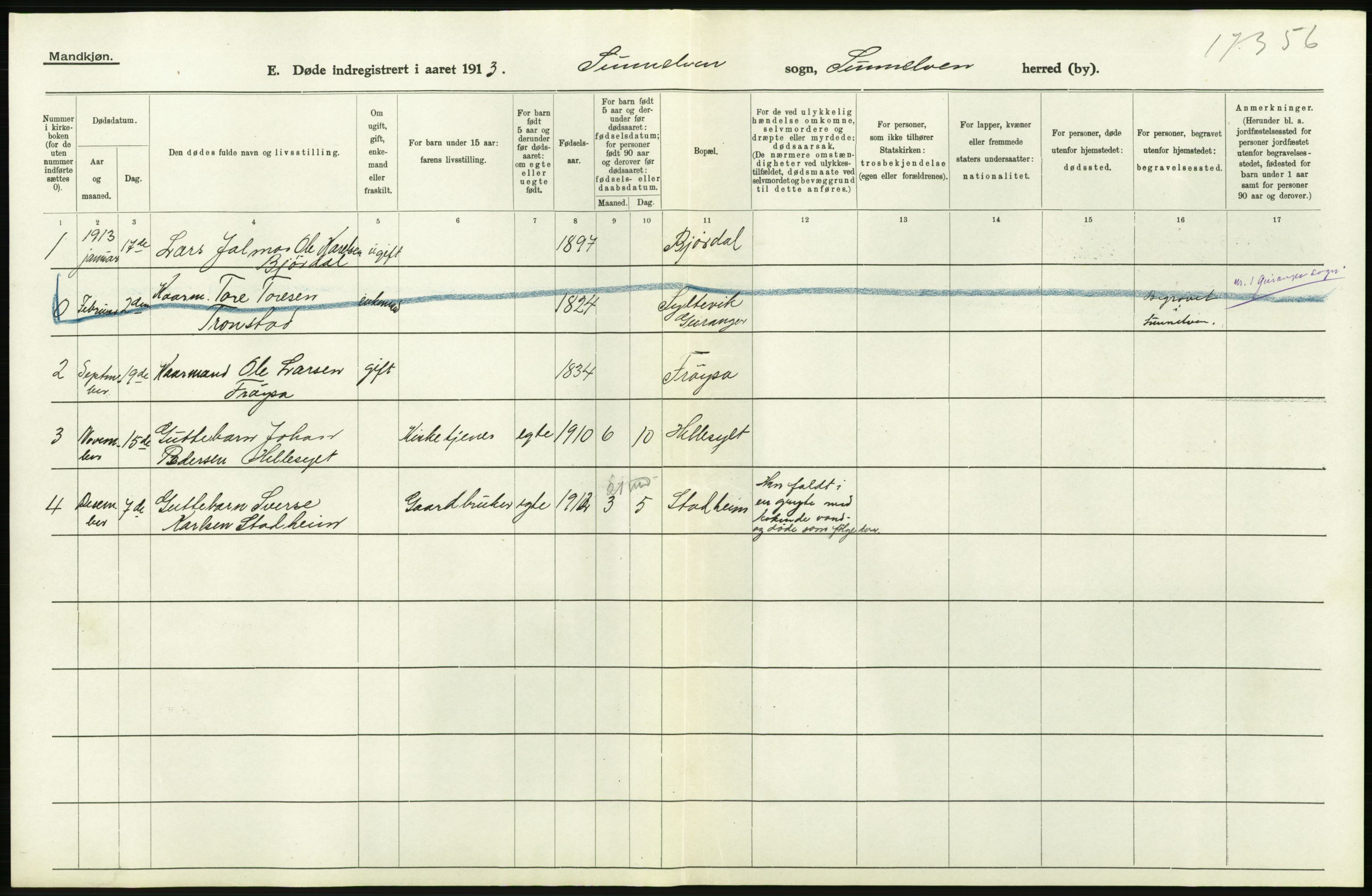 Statistisk sentralbyrå, Sosiodemografiske emner, Befolkning, AV/RA-S-2228/D/Df/Dfb/Dfbc/L0037: Romsdals amt: Døde. Bygder og byer., 1913, s. 24