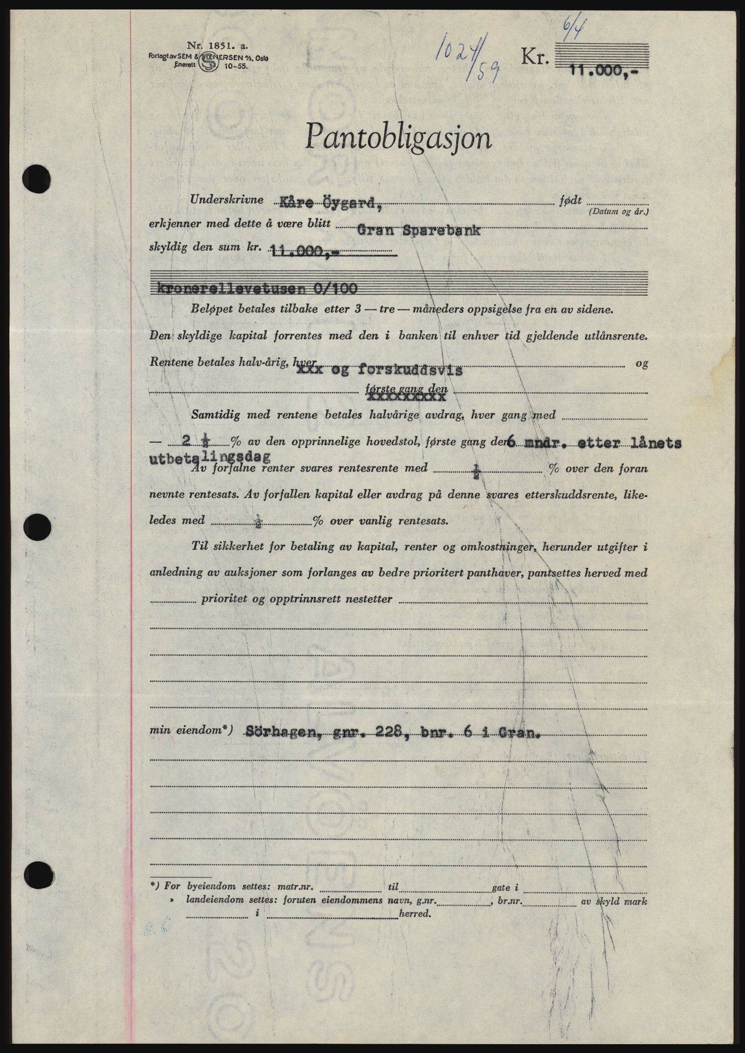 Hadeland og Land tingrett, SAH/TING-010/H/Hb/Hbc/L0040: Pantebok nr. B40, 1959-1959, Dagboknr: 1024/1959