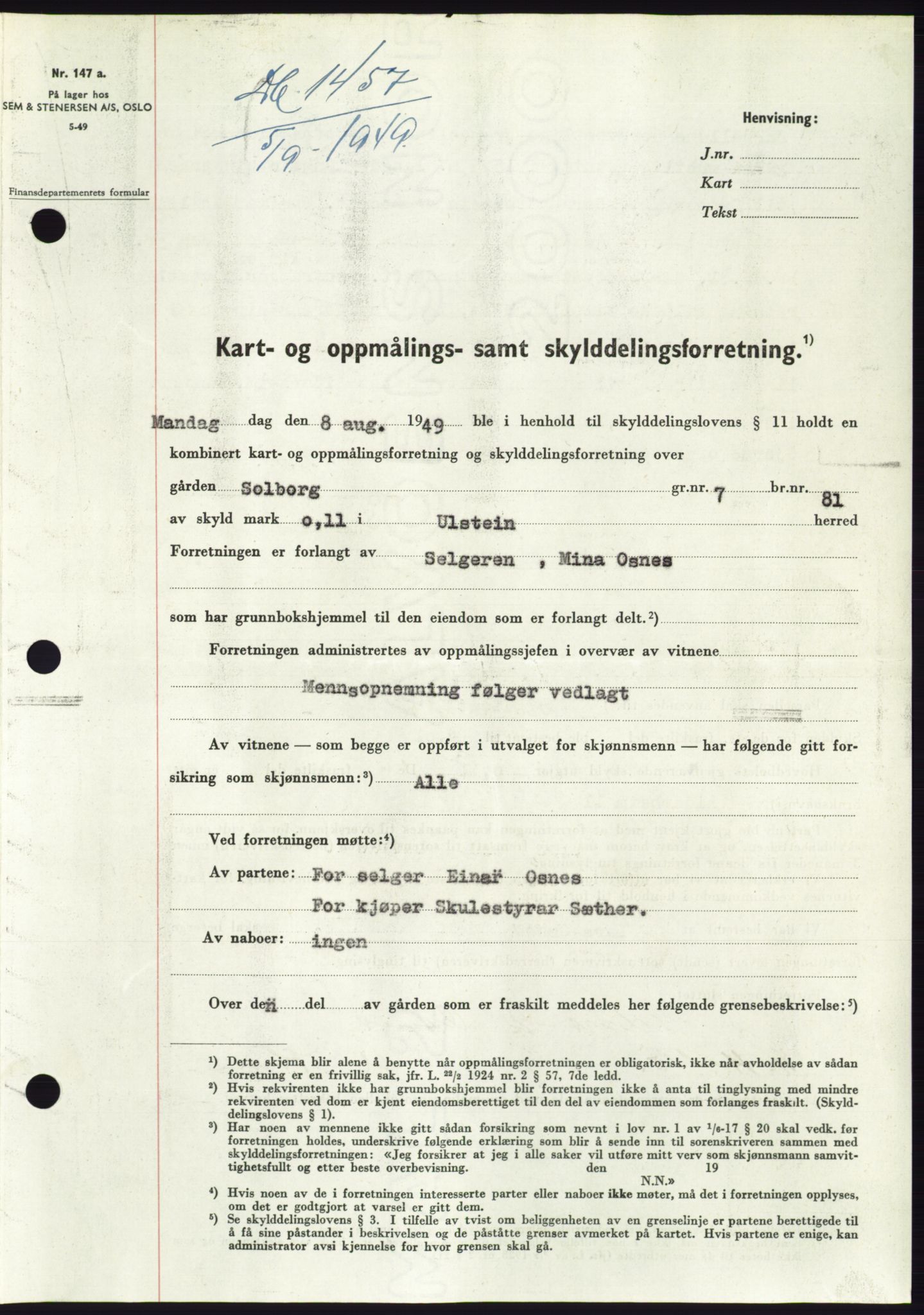 Søre Sunnmøre sorenskriveri, SAT/A-4122/1/2/2C/L0085: Pantebok nr. 11A, 1949-1949, Dagboknr: 1457/1949