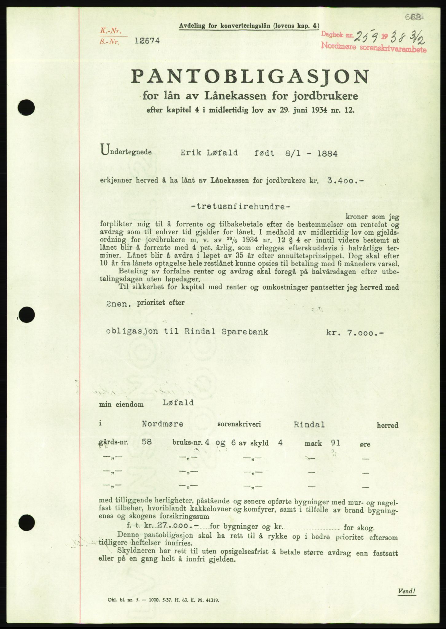 Nordmøre sorenskriveri, AV/SAT-A-4132/1/2/2Ca/L0092: Pantebok nr. B82, 1937-1938, Dagboknr: 259/1938