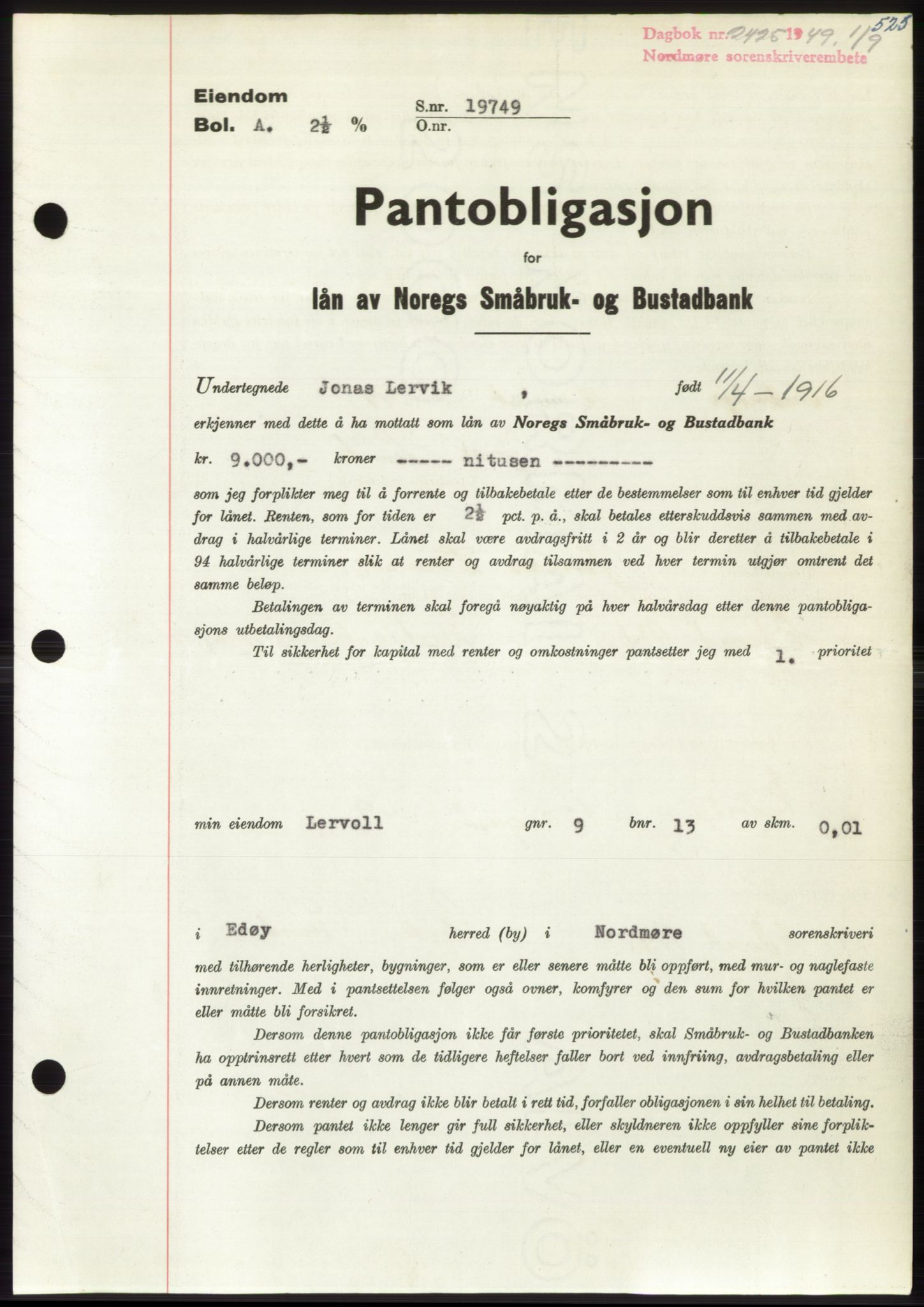 Nordmøre sorenskriveri, SAT/A-4132/1/2/2Ca: Pantebok nr. B102, 1949-1949, Dagboknr: 2425/1949