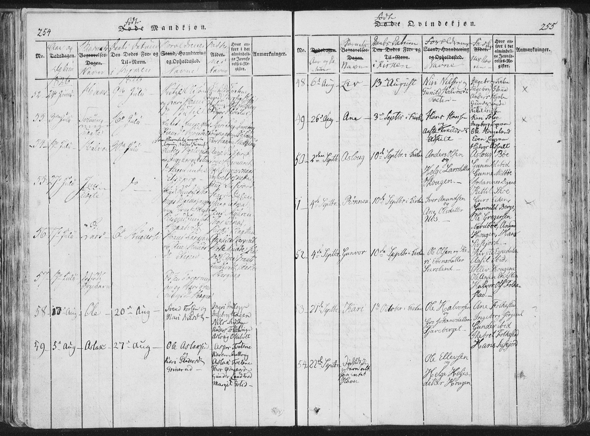Bø kirkebøker, AV/SAKO-A-257/F/Fa/L0006: Ministerialbok nr. 6, 1815-1831, s. 254-255