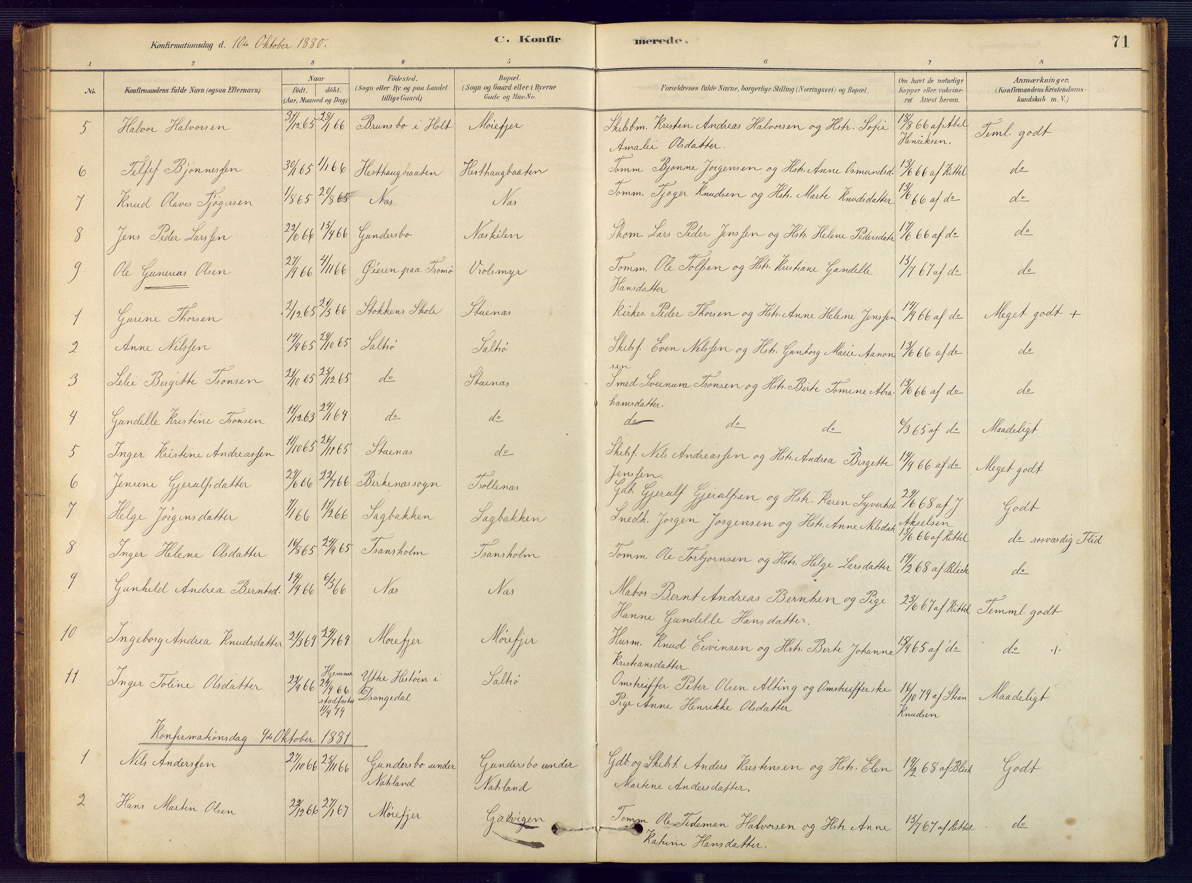 Austre Moland sokneprestkontor, SAK/1111-0001/F/Fb/Fbb/L0001: Klokkerbok nr. B 1, 1878-1904, s. 71