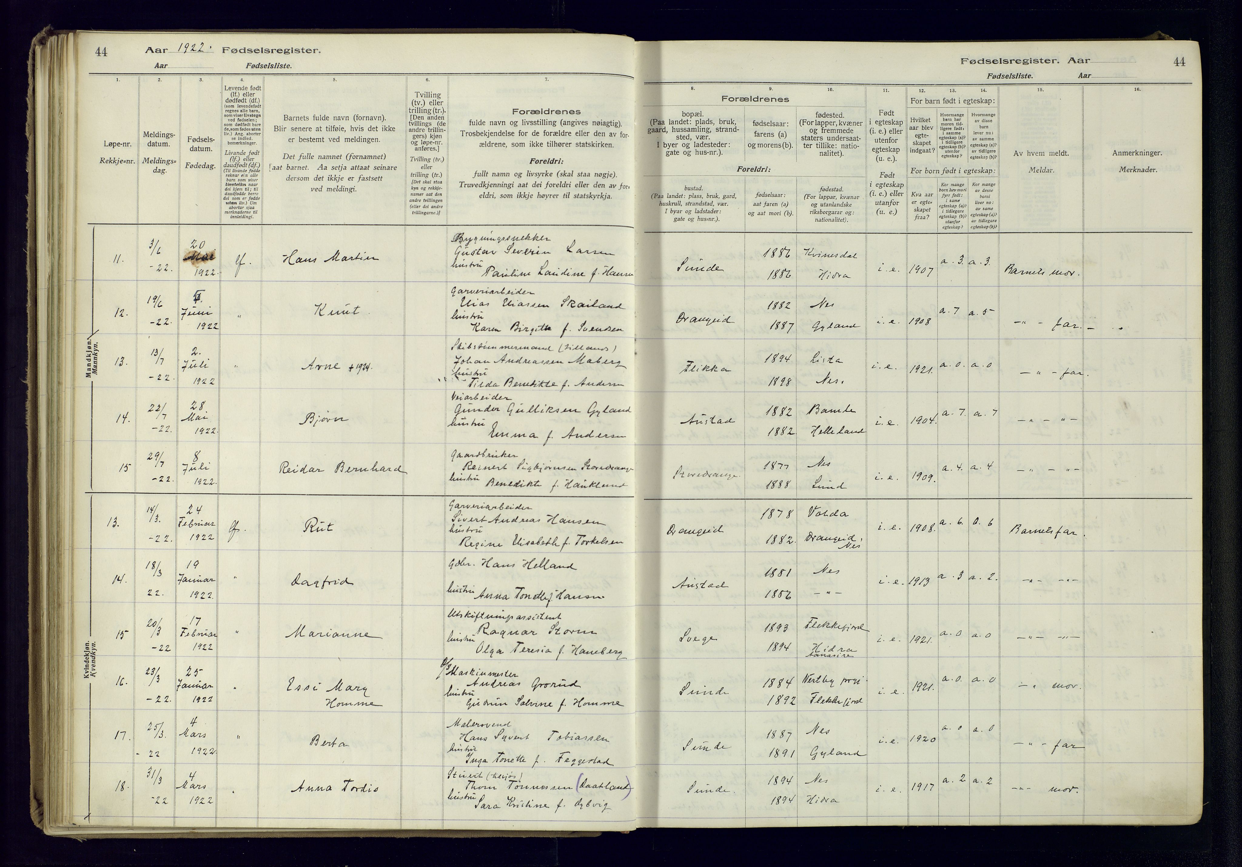 Flekkefjord sokneprestkontor, AV/SAK-1111-0012/J/Ja/L0005: Fødselsregister nr. 5, 1916-1950, s. 44