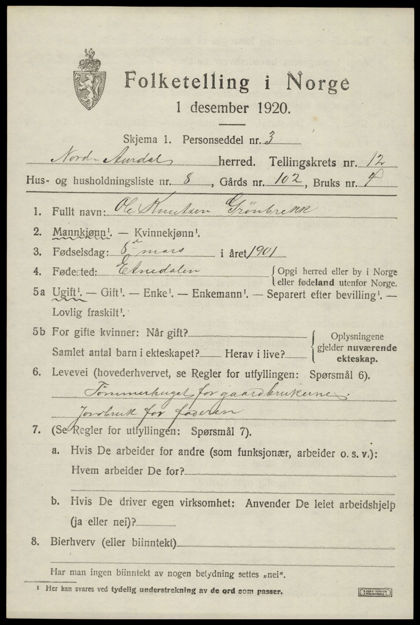 SAH, Folketelling 1920 for 0542 Nord-Aurdal herred, 1920, s. 9958