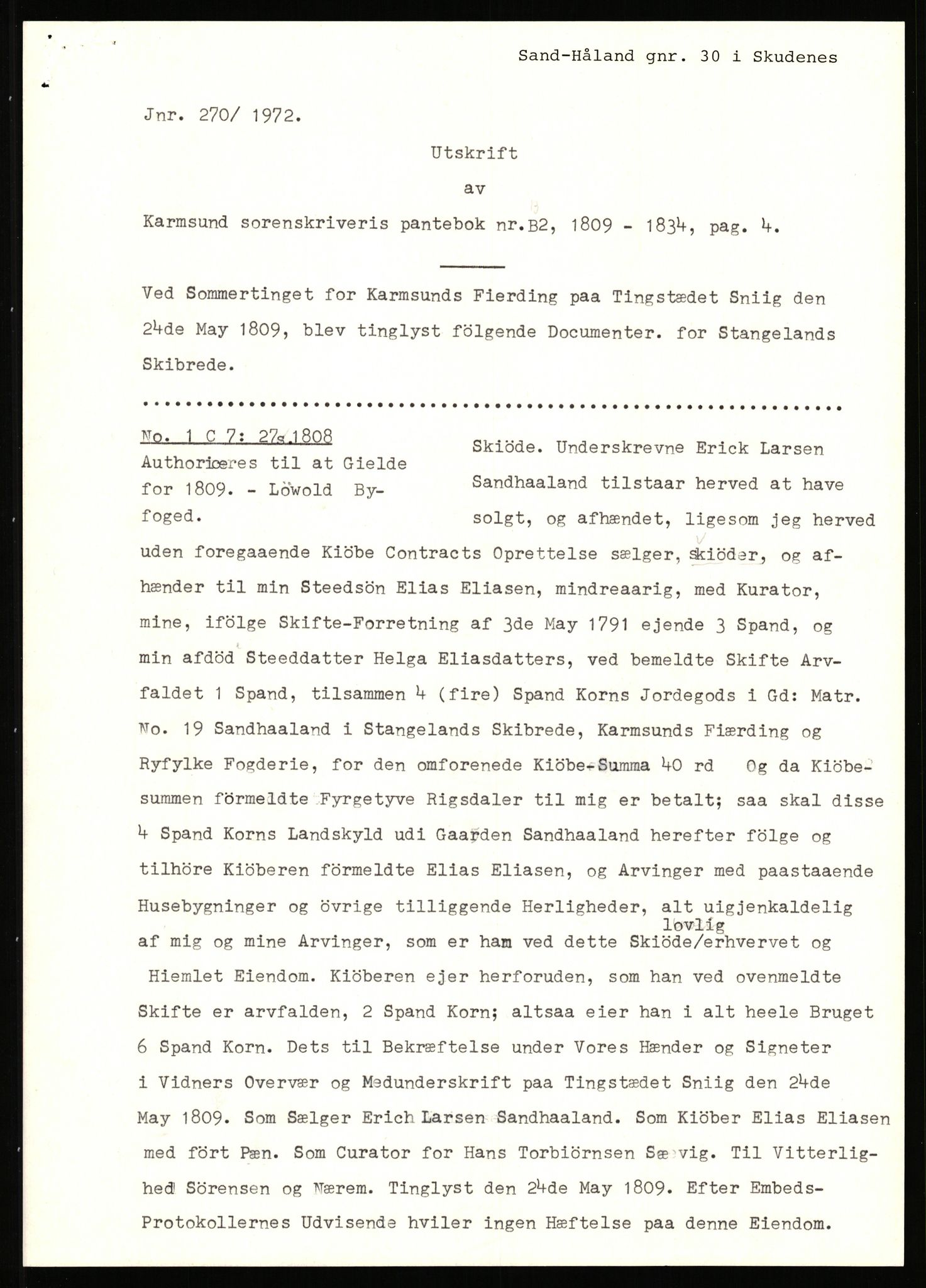 Statsarkivet i Stavanger, AV/SAST-A-101971/03/Y/Yj/L0072: Avskrifter sortert etter gårdsnavn: Sagbakken - Sandstøl indre, 1750-1930, s. 527