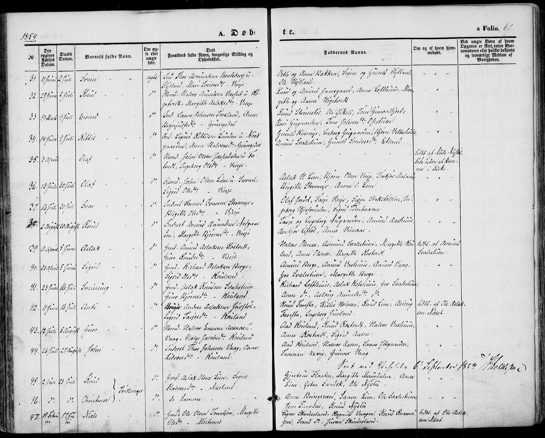 Vinje kirkebøker, AV/SAKO-A-312/F/Fa/L0004: Ministerialbok nr. I 4, 1843-1869, s. 67