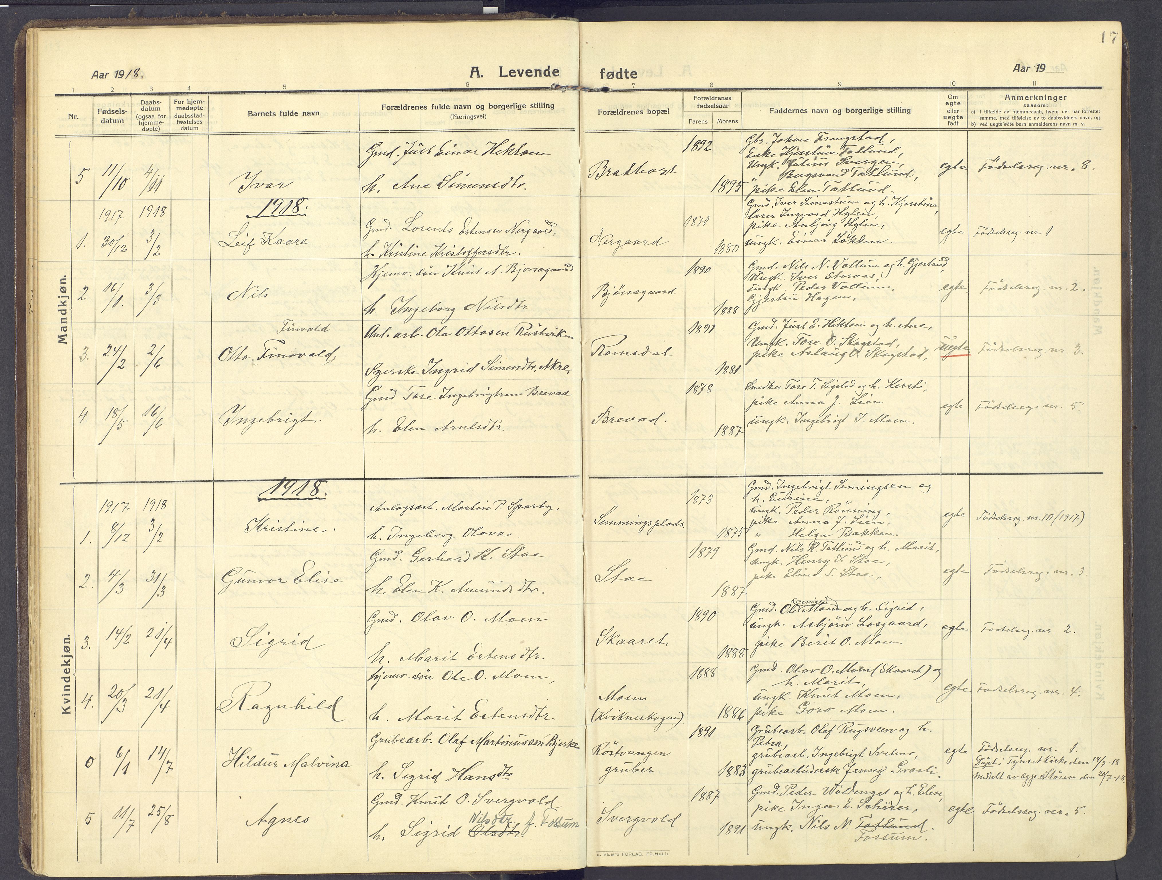 Kvikne prestekontor, AV/SAH-PREST-064/H/Ha/Haa/L0009: Ministerialbok nr. 9, 1911-1942, s. 17
