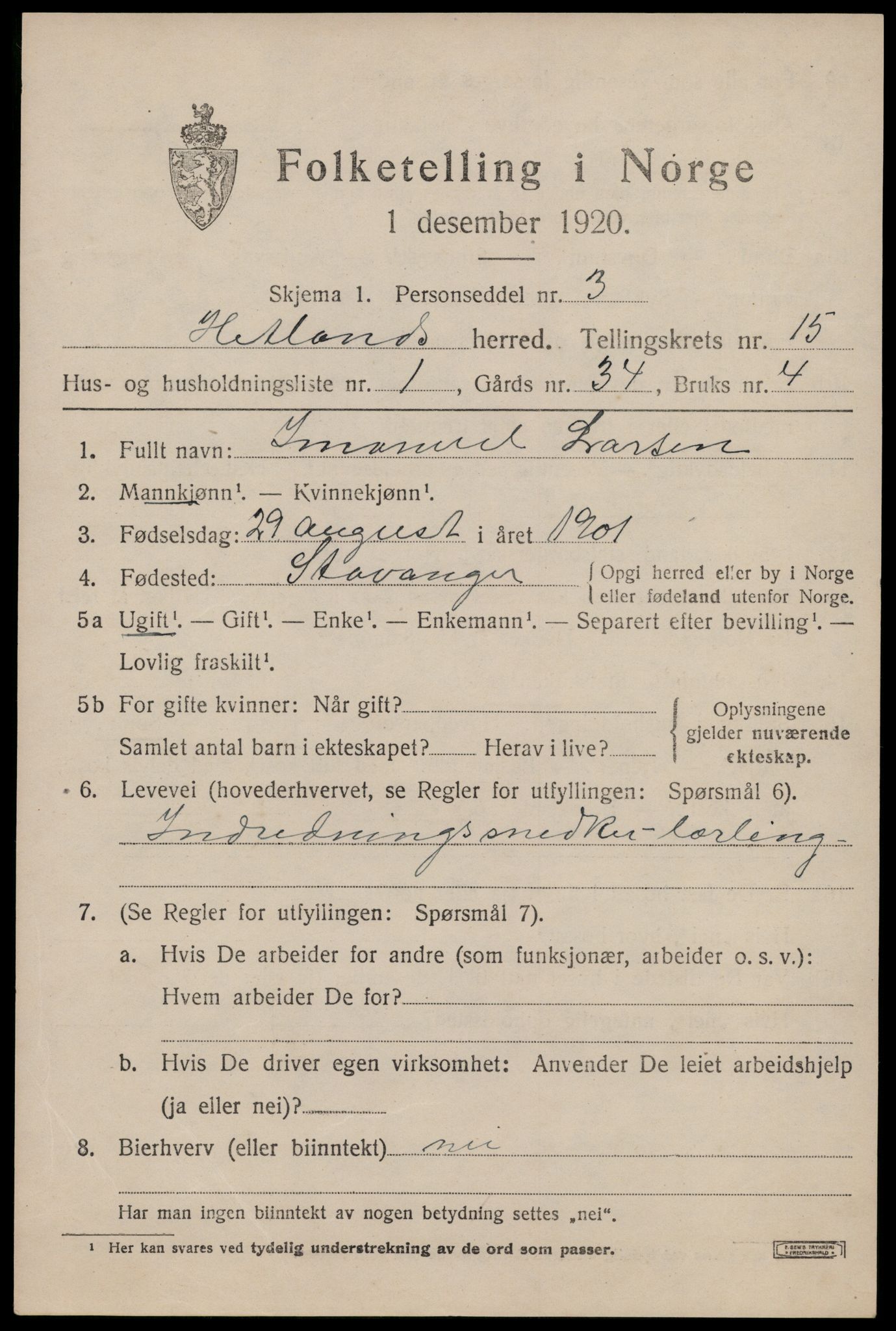 SAST, Folketelling 1920 for 1126 Hetland herred, 1920, s. 22811