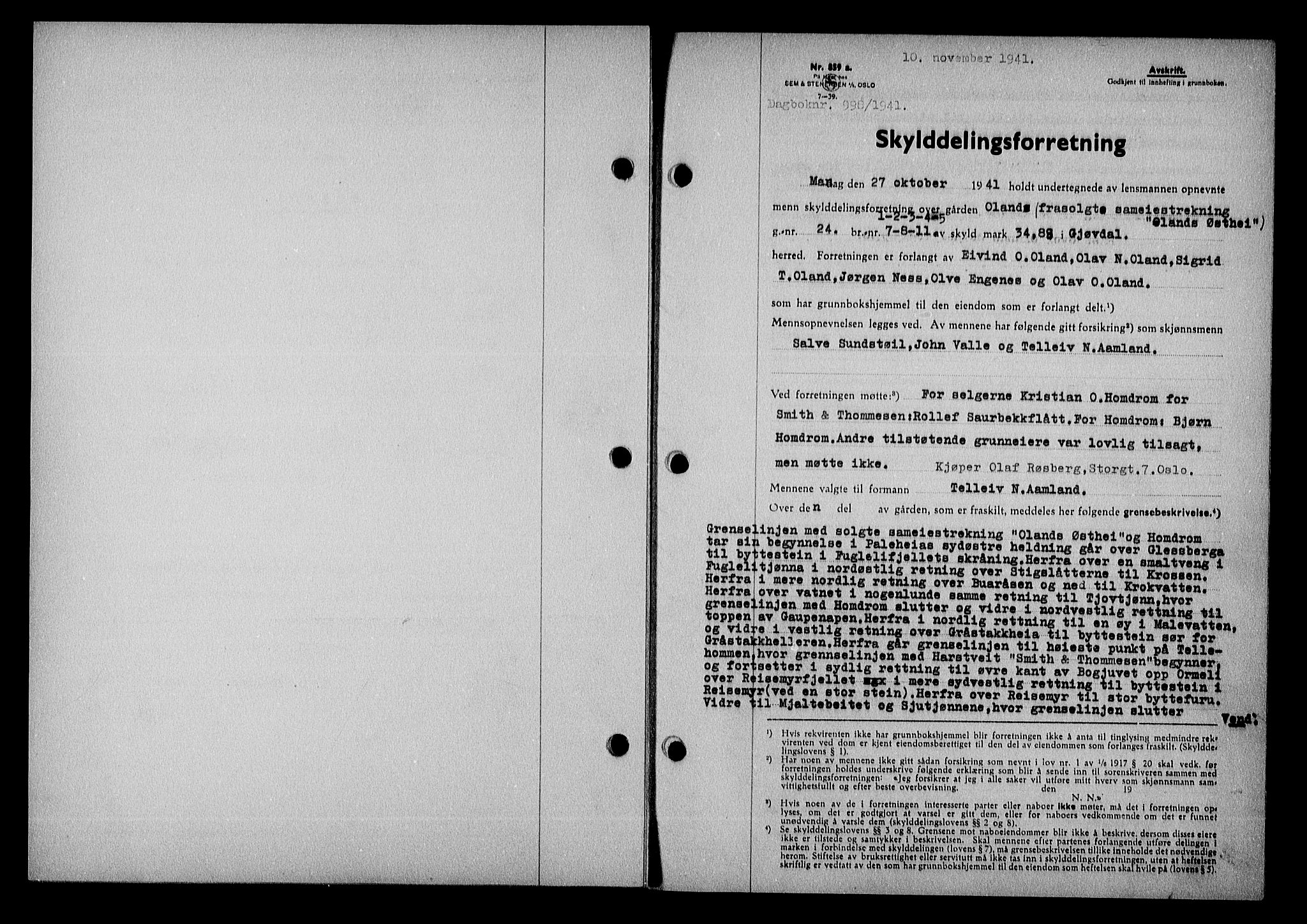 Nedenes sorenskriveri, AV/SAK-1221-0006/G/Gb/Gba/L0048: Pantebok nr. A-II, 1940-1941, Dagboknr: 998/1941