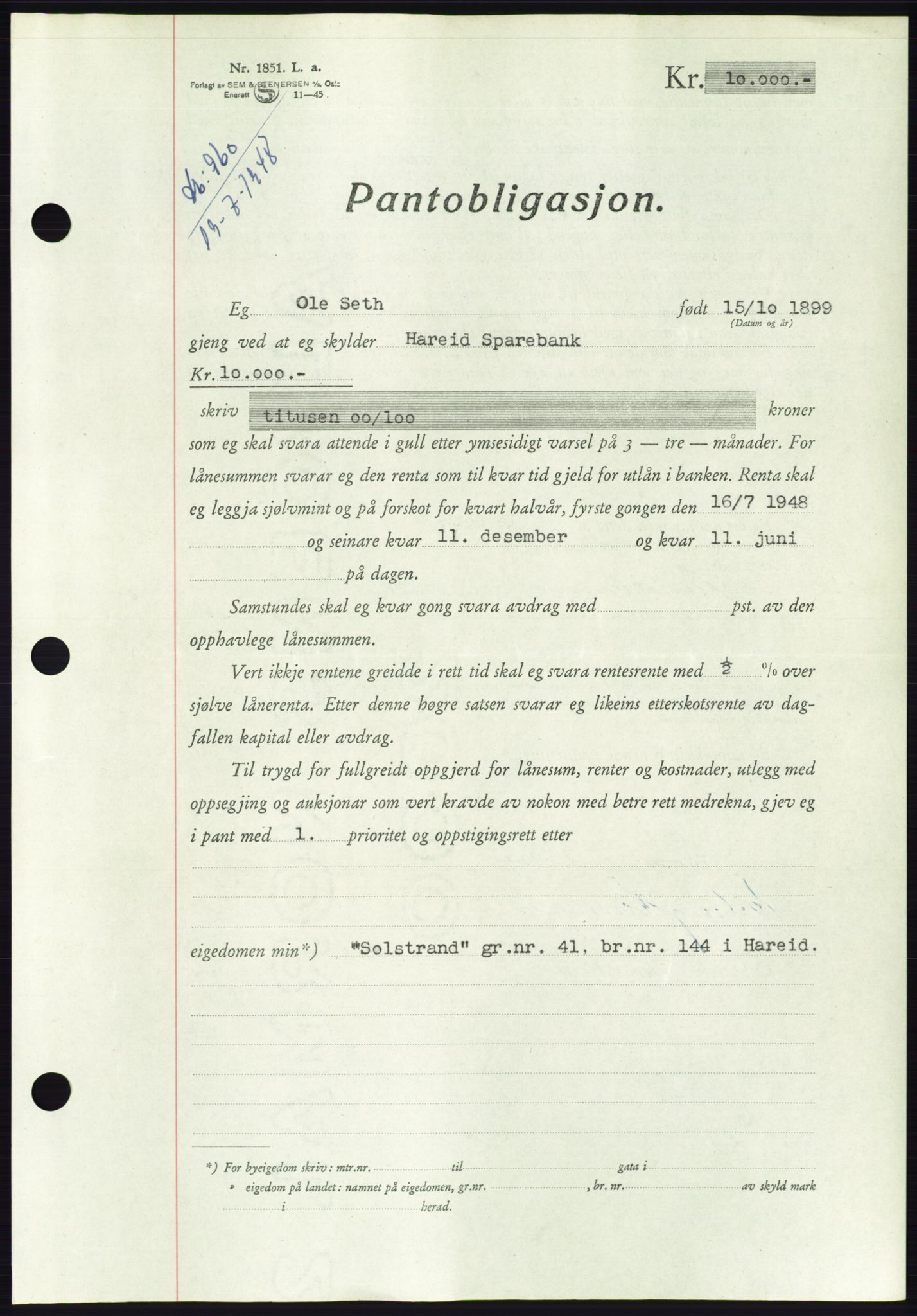 Søre Sunnmøre sorenskriveri, SAT/A-4122/1/2/2C/L0116: Pantebok nr. 4B, 1948-1949, Dagboknr: 960/1948