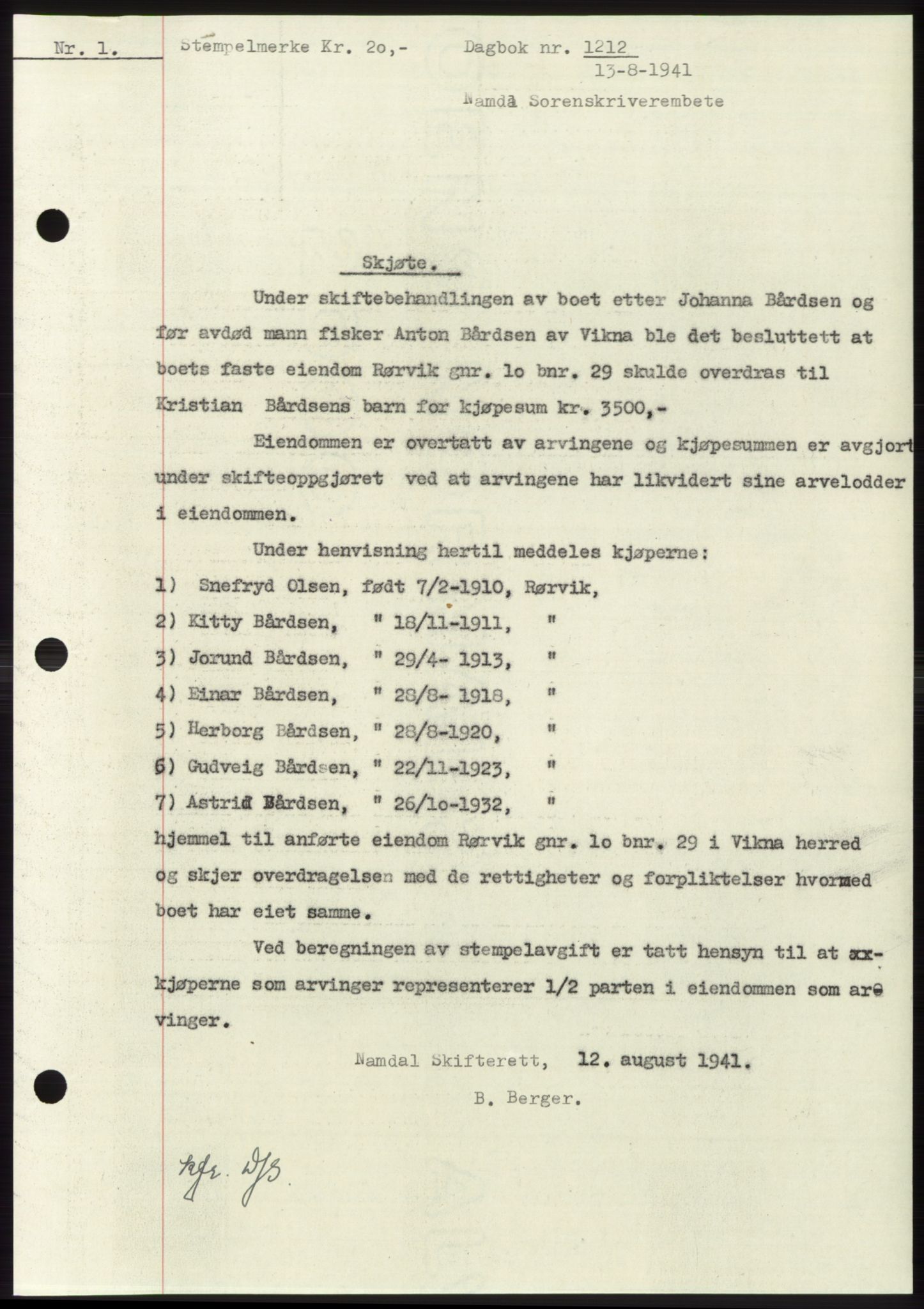 Namdal sorenskriveri, SAT/A-4133/1/2/2C: Pantebok nr. -, 1940-1941, Tingl.dato: 13.08.1941
