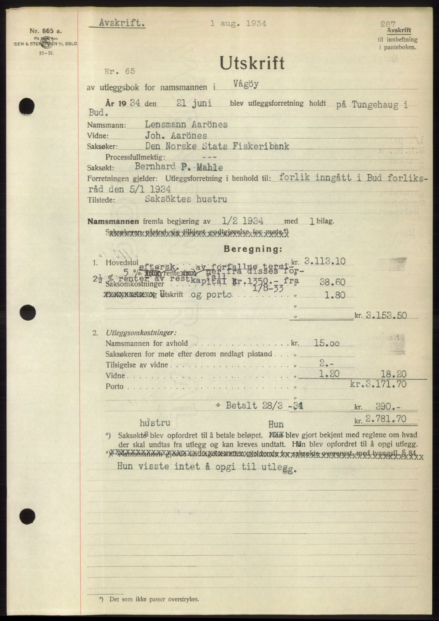 Romsdal sorenskriveri, AV/SAT-A-4149/1/2/2C/L0065: Pantebok nr. 59, 1934-1934, Tingl.dato: 01.08.1934