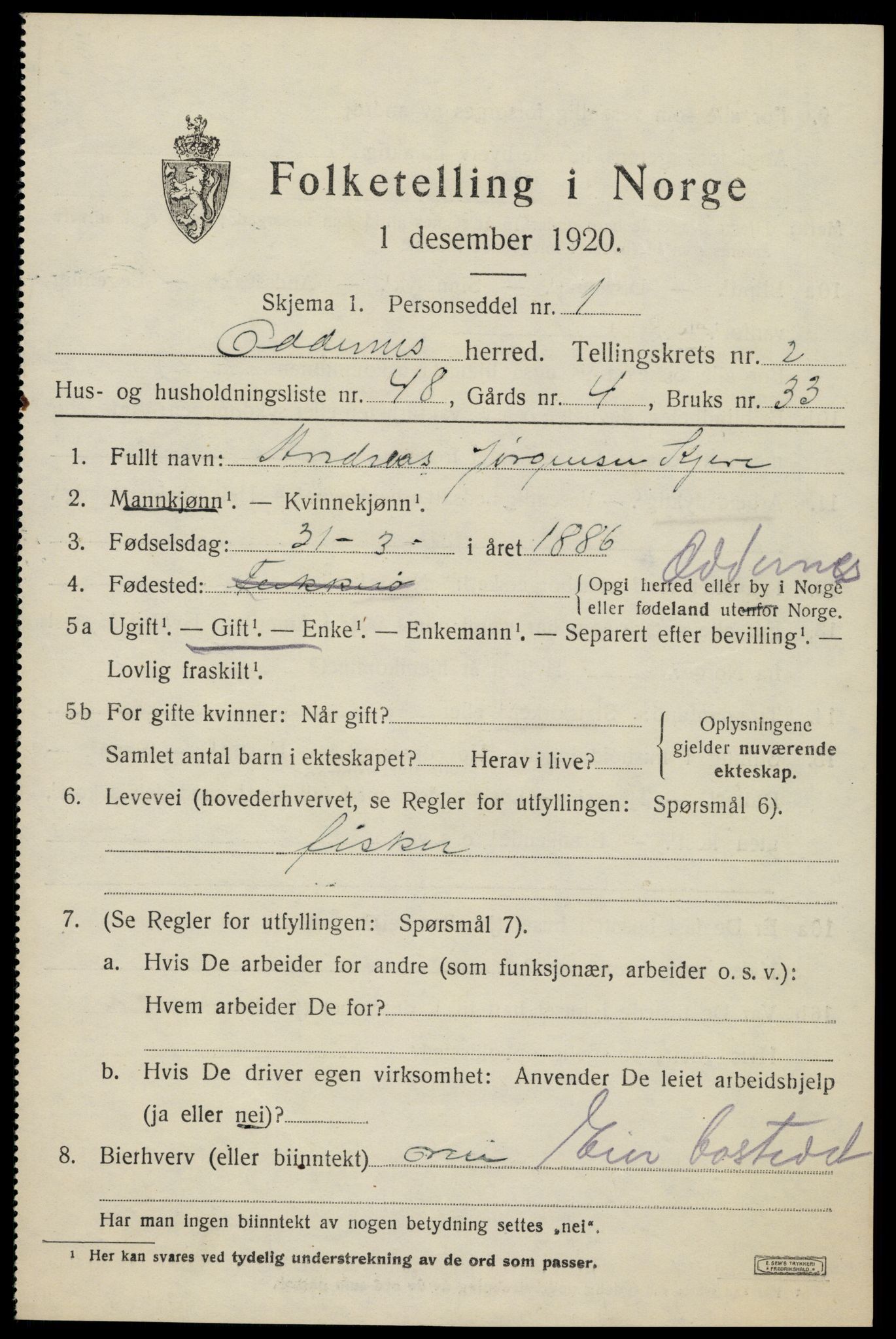 SAK, Folketelling 1920 for 1012 Oddernes herred, 1920, s. 3315