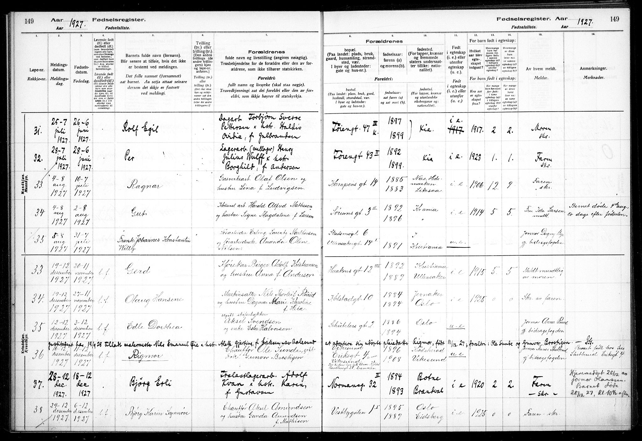 Kampen prestekontor Kirkebøker, AV/SAO-A-10853/J/Ja/L0002: Fødselsregister nr. 2, 1920-1935, s. 149