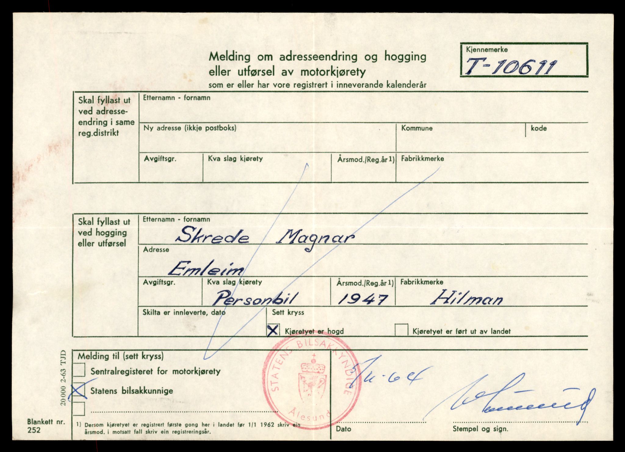 Møre og Romsdal vegkontor - Ålesund trafikkstasjon, AV/SAT-A-4099/F/Fe/L0022: Registreringskort for kjøretøy T 10584 - T 10694, 1927-1998, s. 803