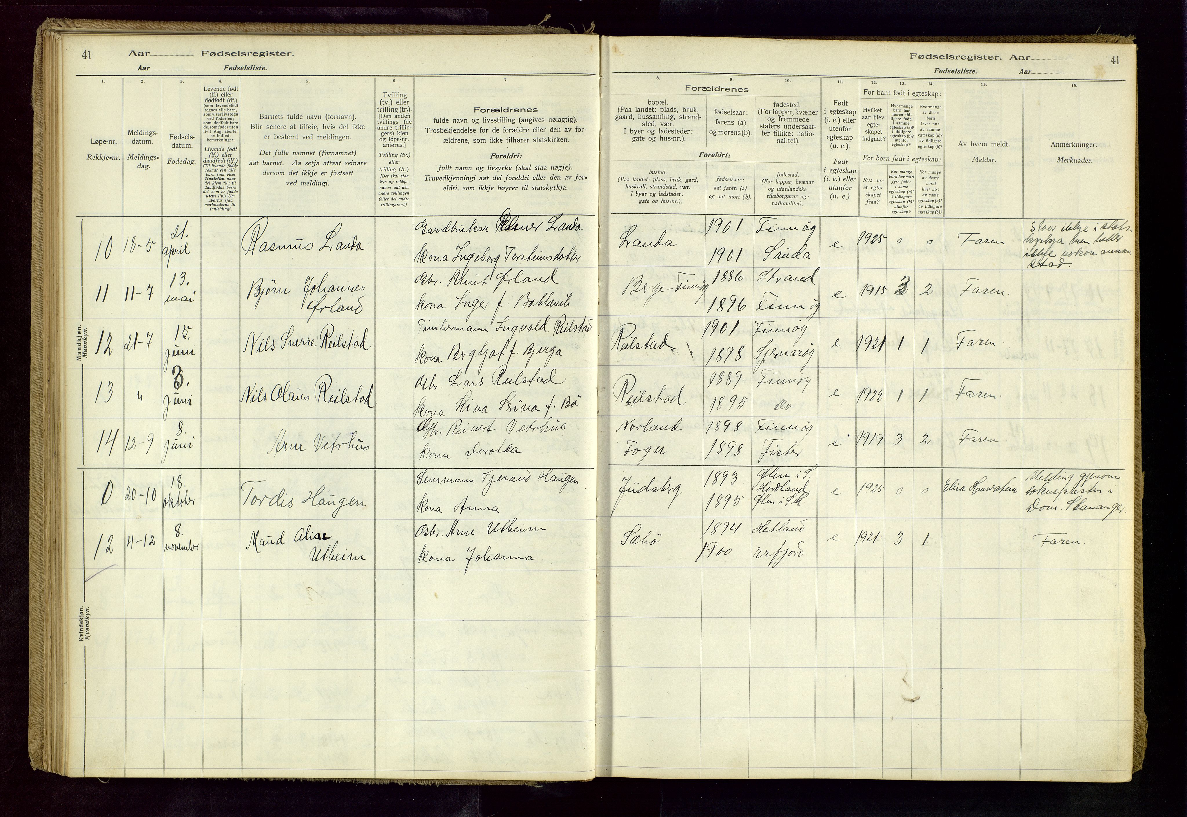 Finnøy sokneprestkontor, AV/SAST-A-101825/I/Id/L0001: Fødselsregister nr. 1, 1916-1977, s. 41