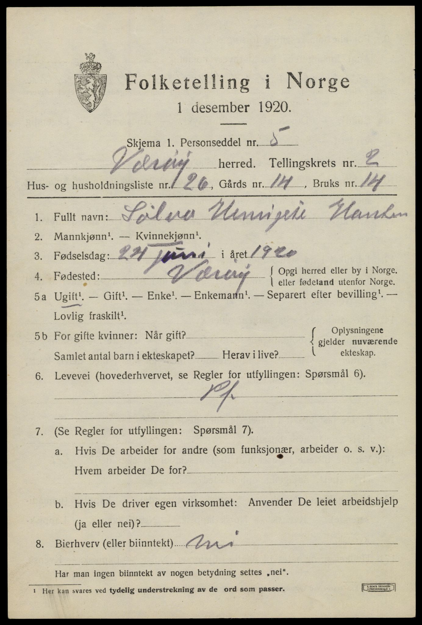 SAT, Folketelling 1920 for 1857 Værøy herred, 1920, s. 1281
